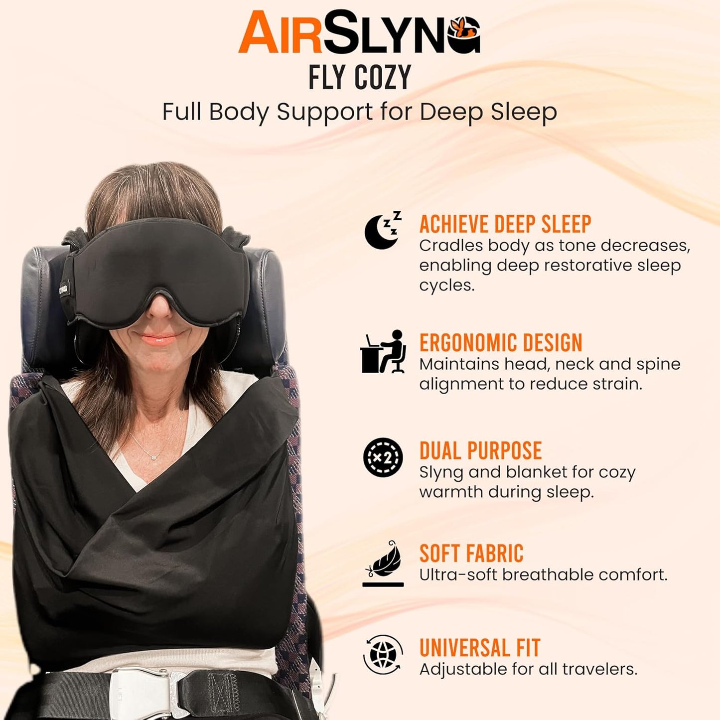 3-in-1 Airplane Sleep Support System - Integrated Plane Sleeping Accessories with Memory Foam Long Haul Flight Pillow, Adjustable Travel Eye Mask, and Blanket-Like Body Sling - Fits in Carry On