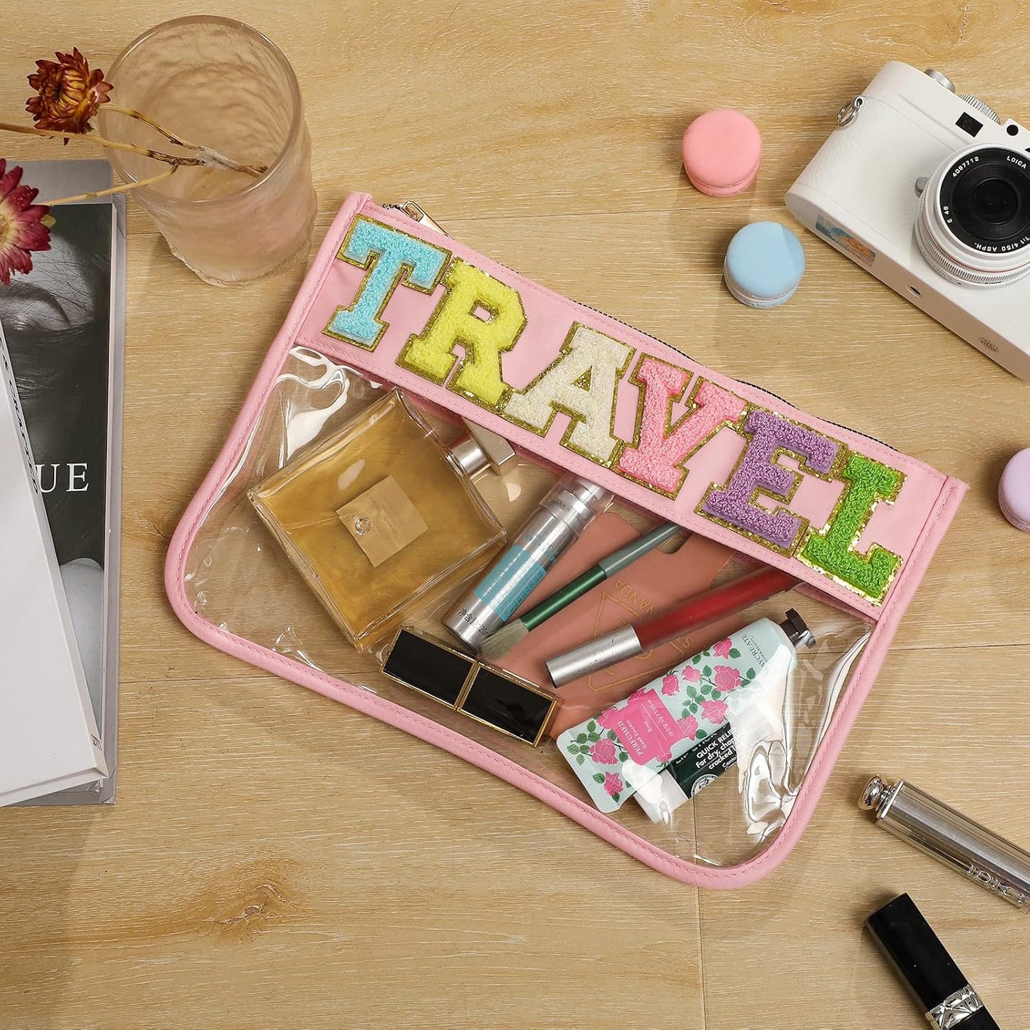 DYSHAYEN Chenille Letter Clear Zipper Pouch for Travel,Nylon Clear Cosmetic Bag,Makeup Travel Bag for Women Girls 11.8 Inches x 8.2 Inches