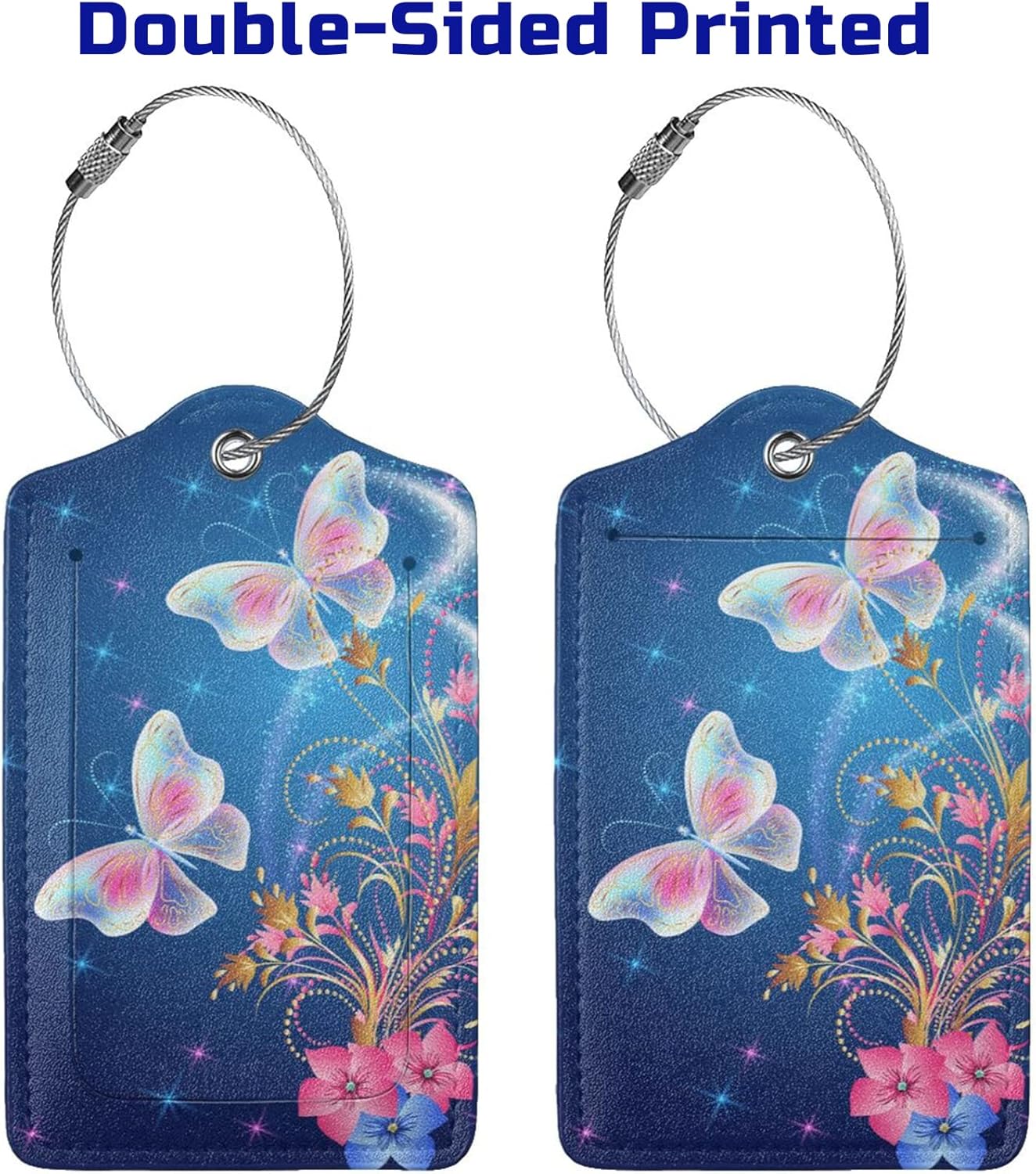 2 Pcs Beautiful Blue Luggage Tags with Two Butterflies for Women Girls Travel, Flower PU Leather Bag Tags for Suitcases with Stainless Steel Loop & Privacy Name ID Card, Labels Identifiers