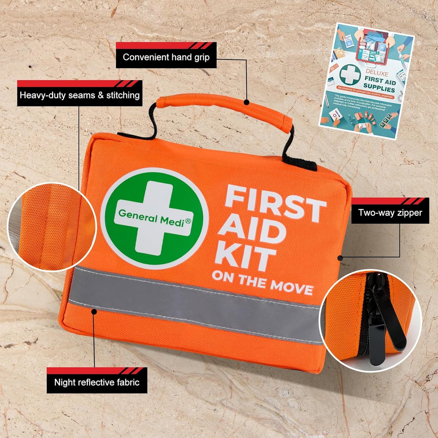 General Medi First Aid Kit - 150 Pieces Small Compact First Aid Kit Bag - Includes Instant Cold Pack, Emergency Blanket for Travel, Home, Office, Vehicle, Camping（Orange）