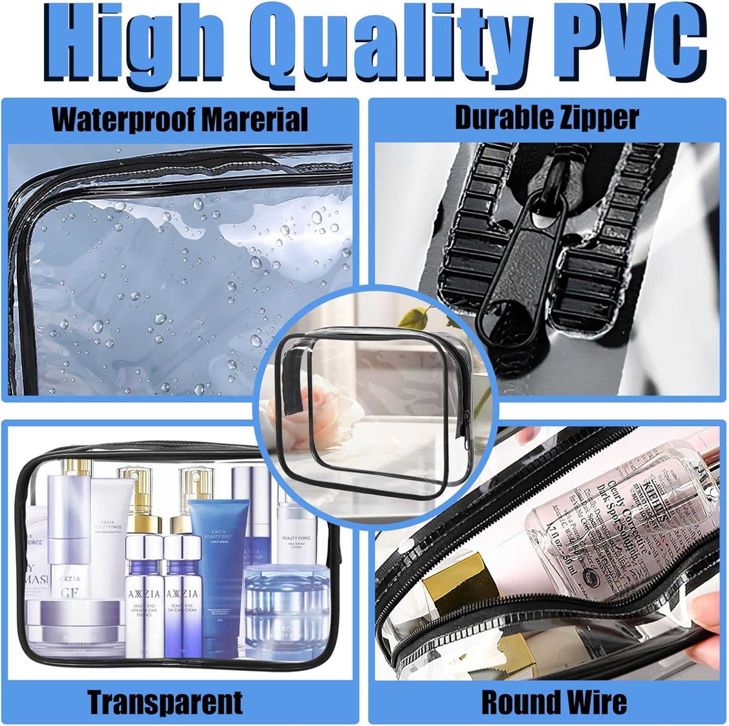 12 Pcs Clear Cosmetic Bag PVC Waterproof Zippered Clear Toiletry Carry Pouch Cosmetic Makeup Bag for Women Men Vinyl Plastic Organizer Case for Vacation Bathroom (Large, Black)