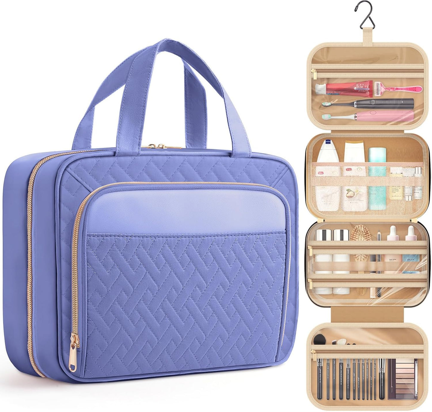 HOTOR Travel Toiletry Bag for Women & Men, Waterproof Makeup Bag with Hanging Hook and Multiple Pockets, Cosmetic Bags for Women, Travel Essentials, 12.6'' x 4.3'' x 9.9'', Aegean-Blue