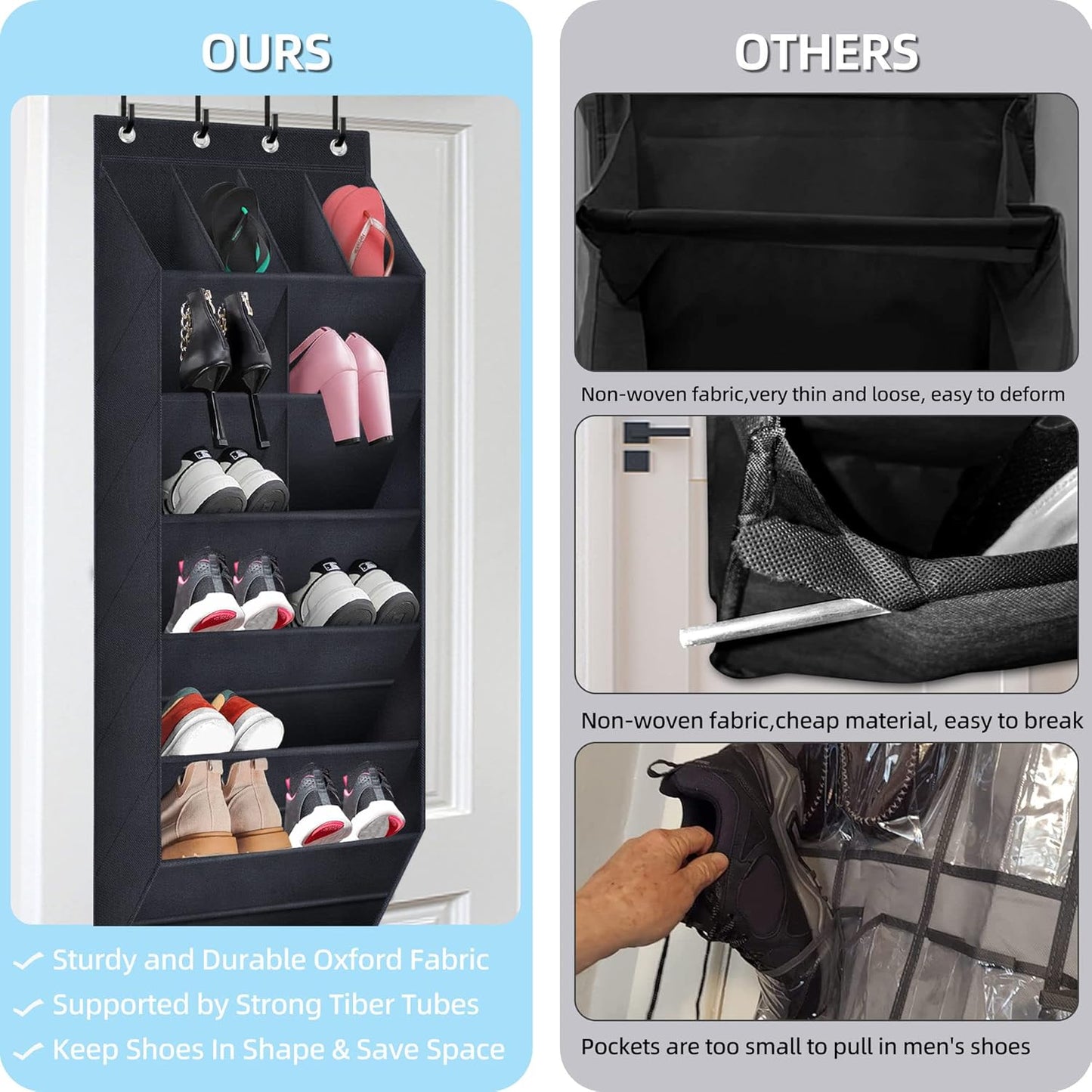 Over The Door Shoe Organizer, 2 Pack Hanging Organizer with Large Deep Pockets, Rack for Closet and Dorm Narrow Door, Holder Black