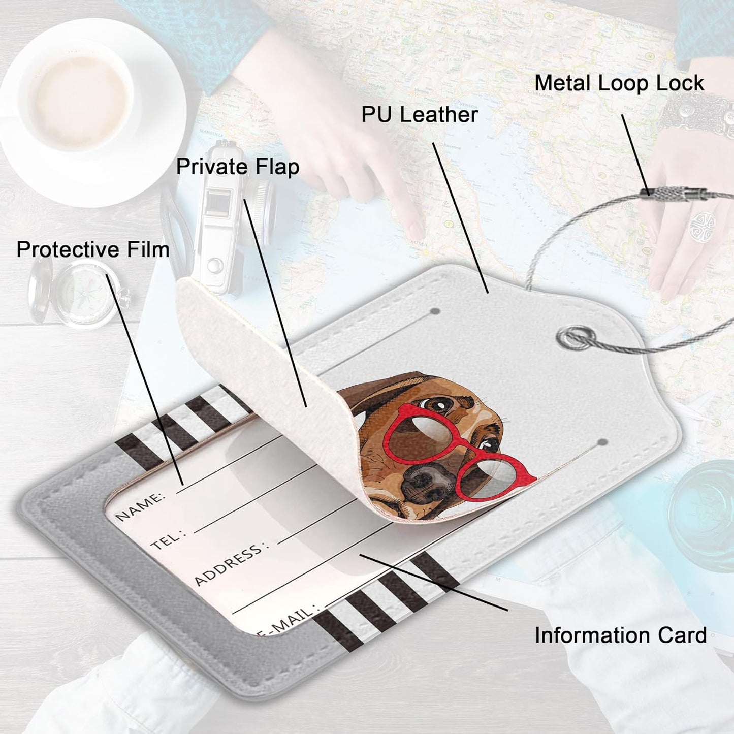 2 Pack Leather Luggage Tag for Suitcase Cool Dachshund Cute Animal Unique Travel Tags with Privacy Cover ID Label & Stainless Steel Loop for Men and Women Baggage