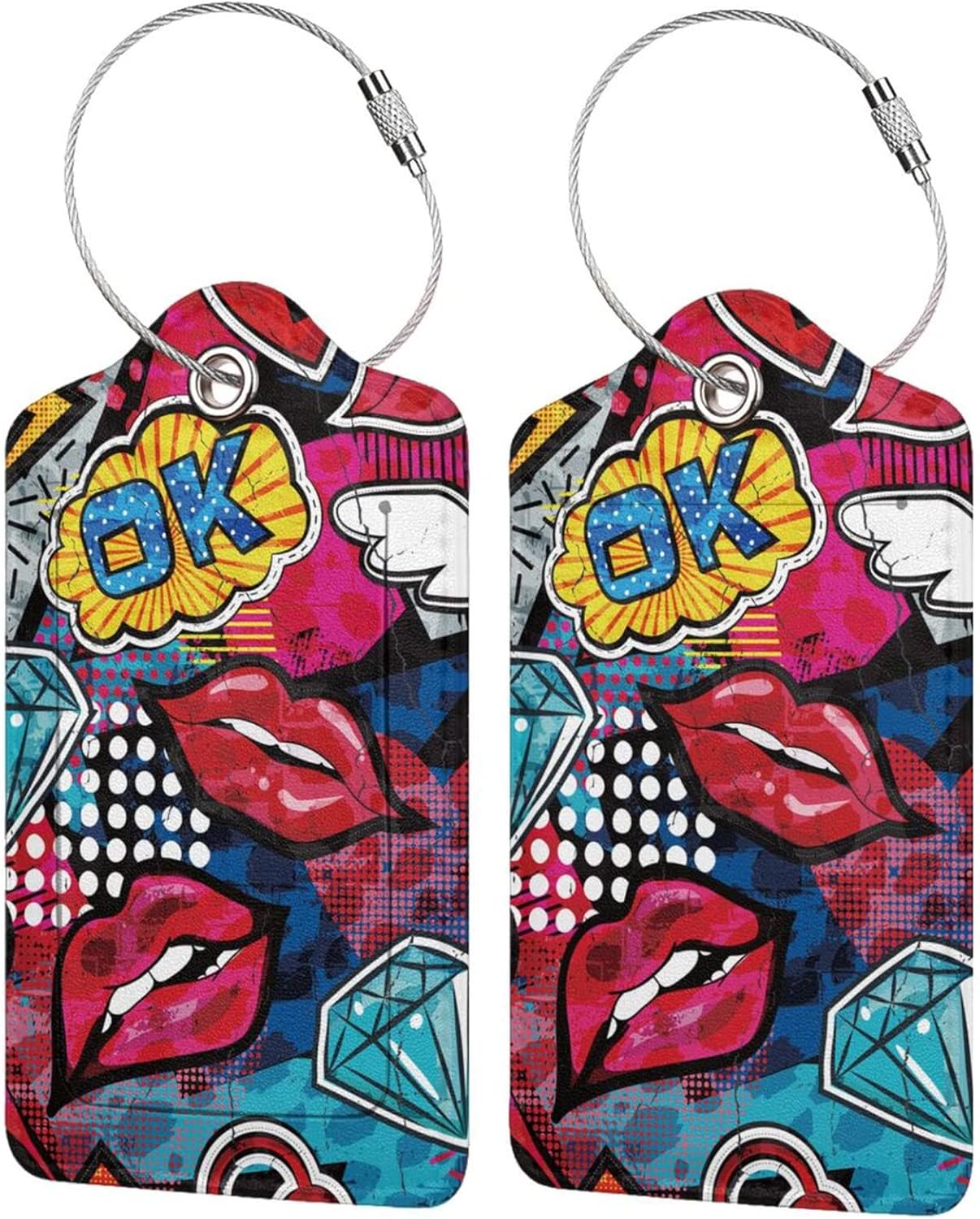 2 Pack Funny Luggage Tags with Red Lips Pattern for Suitcases, Colorful PU Leather Luggage Tag Accessories Privacy Cover ID Label with Stainless Steel Loop for Travel Bag for Women Girls Teens