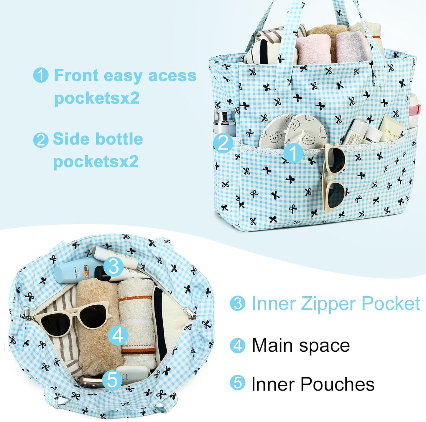 LEDAOU Large Beach Tote Bag Women Waterproof Sandproof Zipper Beach Tote Bag for Pool Gym Grocery Travel with Wet Pocket