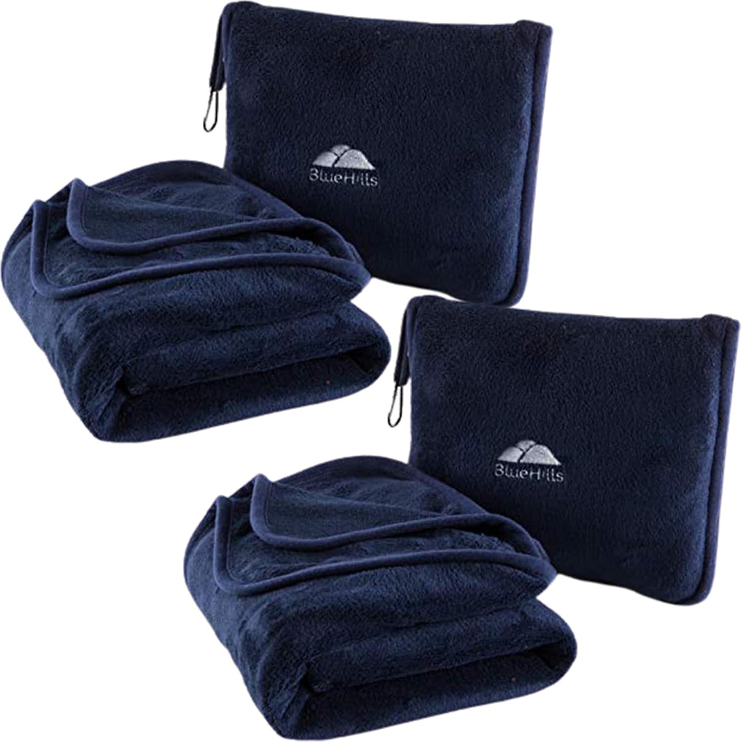 BlueHills Premium Soft 2-Pack Travel Blanket Pillows Airplane Large Plane Flight Throw Blankets for Two in Bag Compact Traveling Essentials Set Packable Warm Gifts Navy Blue T011