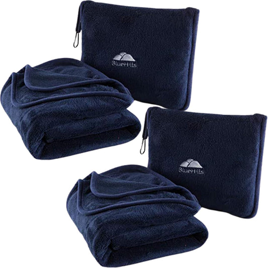 BlueHills Premium Soft 2-Pack Travel Blanket Pillows Airplane Large Plane Flight Throw Blankets for Two in Bag Compact Traveling Essentials Set Packable Warm Gifts Navy Blue T011