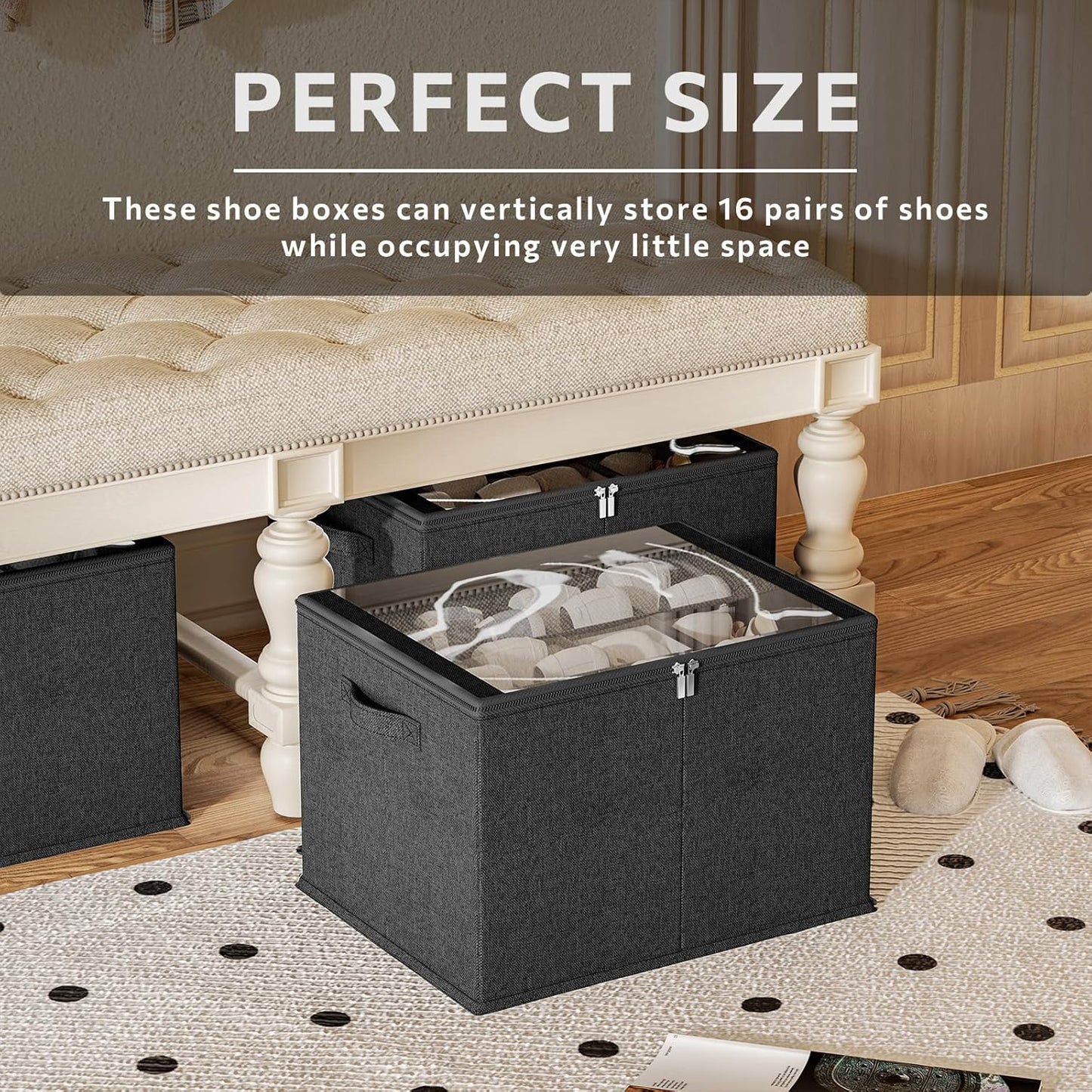 Shoe Organizer for Closet, 2 Pack Sturdy Shoe Storage Bins with Clear Cover, Fits 16-32 Pairs, Foldable Shoe Storage Box with Reinforced Handles (Black, 19.7 * 15.7 * 12.6in)