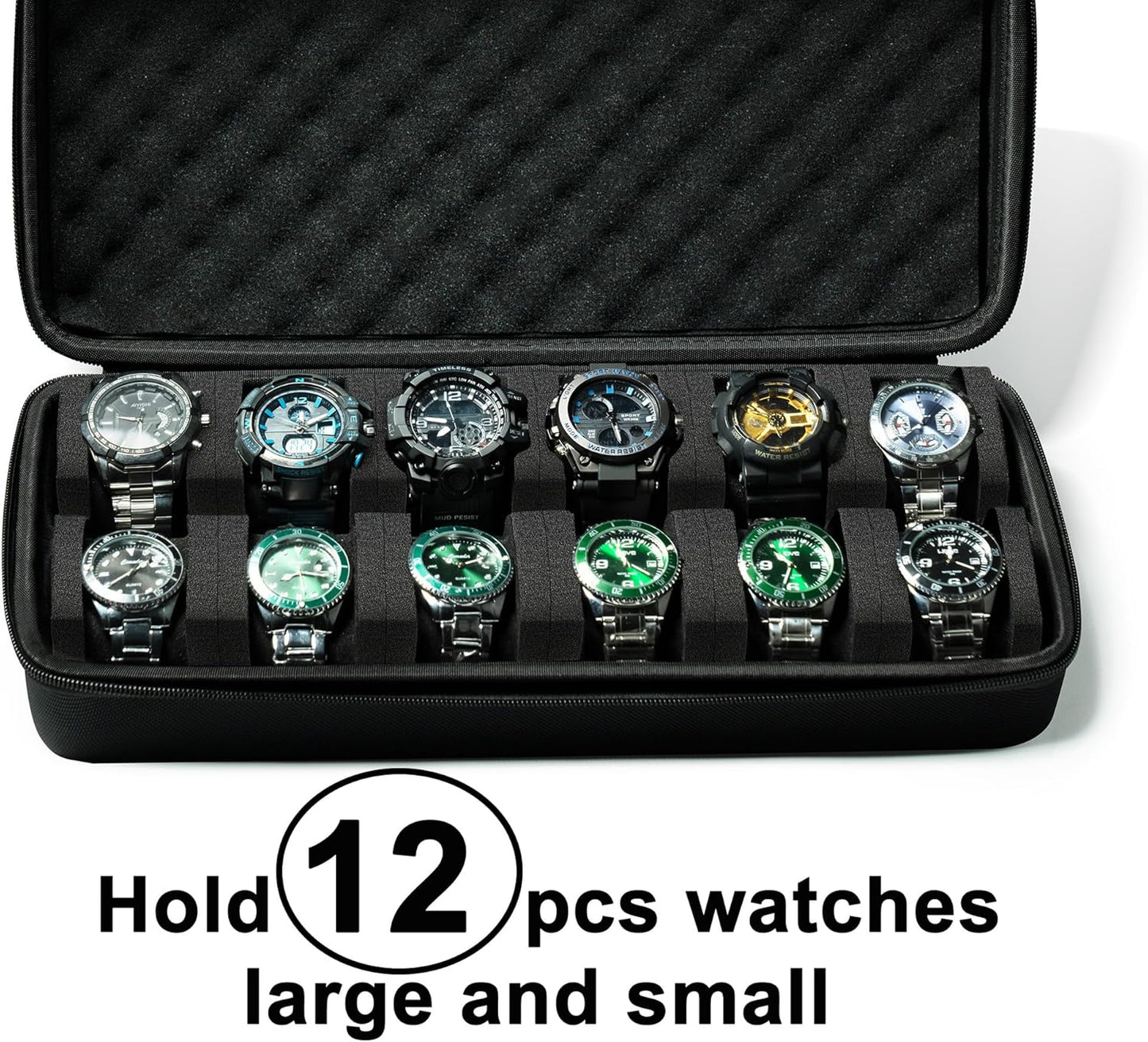 12 slots Watch Case, hard watch travel case, storage box, padded case for watch display and organization