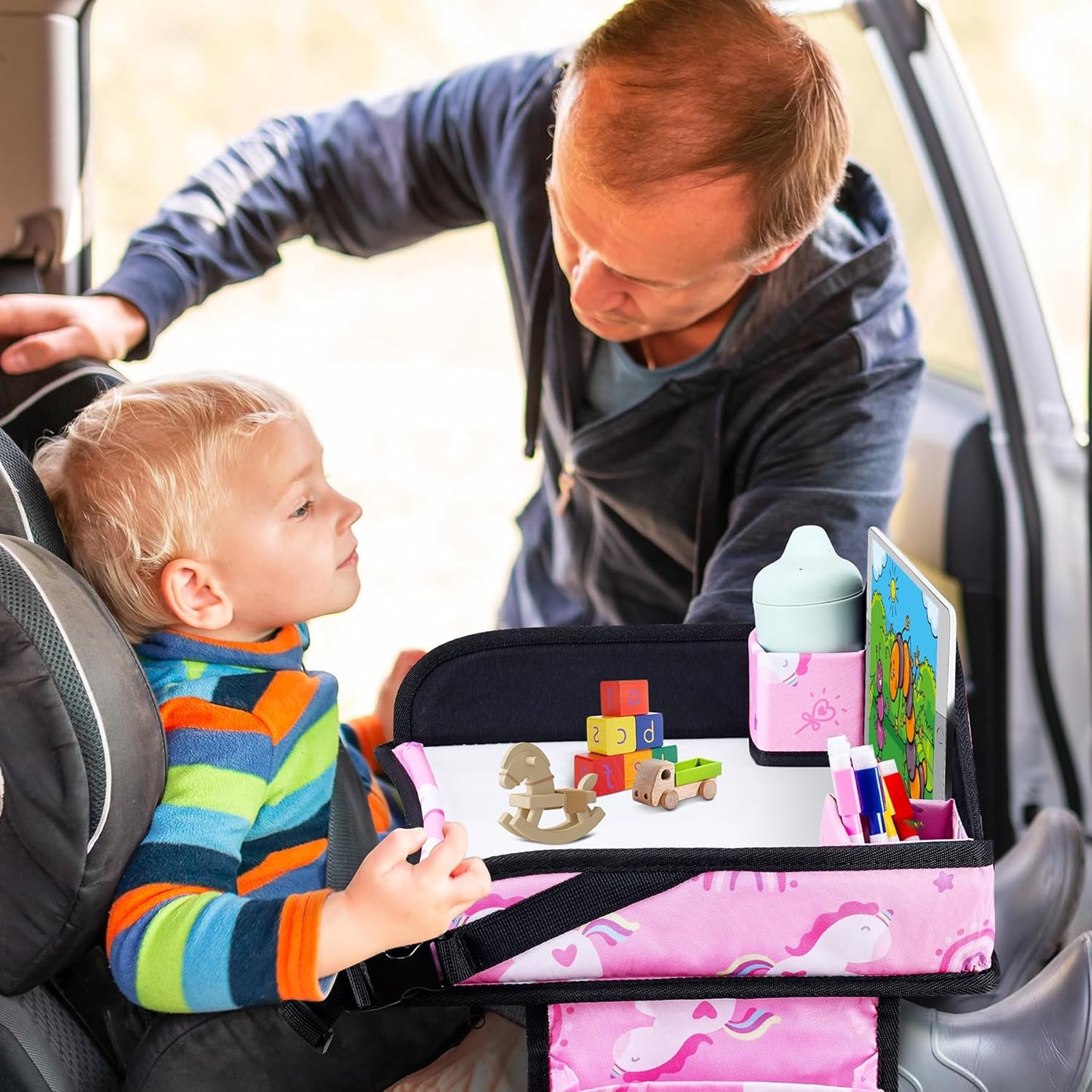 Kids Travel Tray, Car Seat Tray for kids Travel, Toddler Road Trip Essentials With Drawing Kit, Toddler Lap Desk Organizer for Car, Carseat Table for Airplane