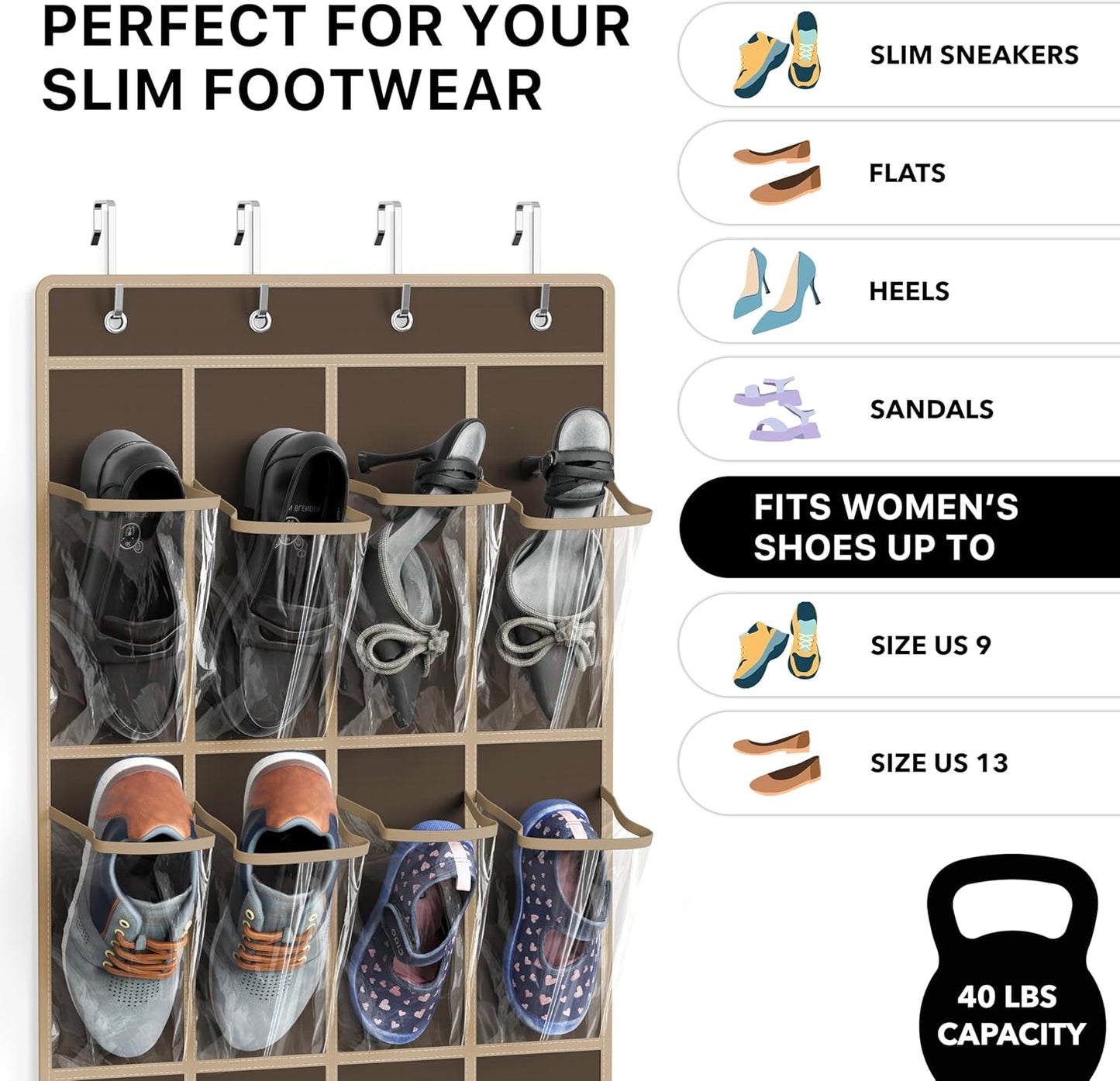 Simple Houseware 24 Pockets - Crystal Clear Over The Door Hanging Shoe Organizer, Brown (64'' x 19'')