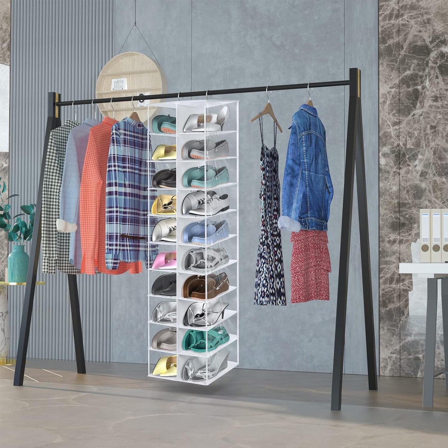 coastal rose Hanging Shoe Organizer for Closet, 20 Sections Hanging Closet Organizers and Storage Shelves, Space Saving Shoe Storage Rack Holder, Transparent White, 12''W×12''Dx 50''H