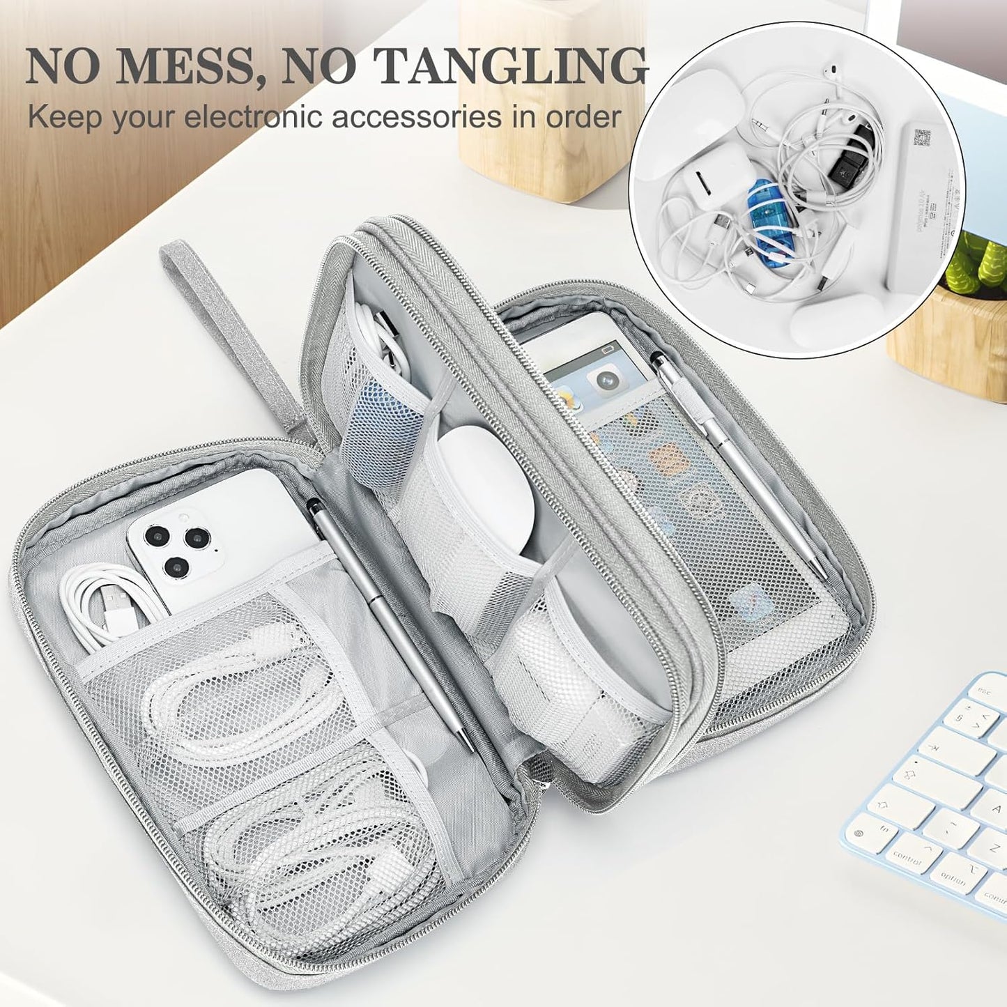 FYY Electronic Organizer, Large Travel Cable Organizer Bag Pouch Electronic Accessories Carry Case Portable Waterproof Double Layers All-in-One Storage Bag for Cable, Cord, Charger, Phone, Grey