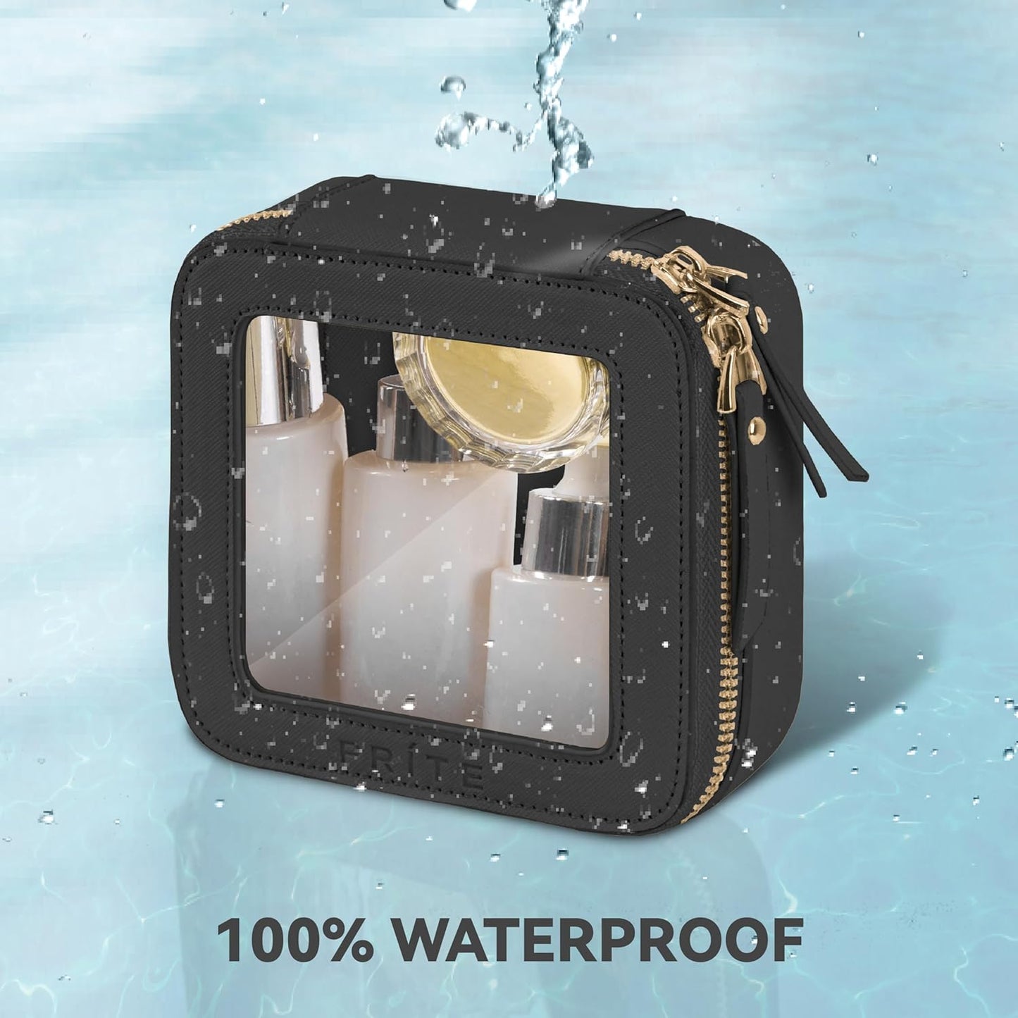 Prite Mini Clear Makeup Bag for Purse Cute Small Travel Cosmetic Bag for Women Waterproof Toiletry Bag Leather Makeup Pouch with Gold Zipper(Black)