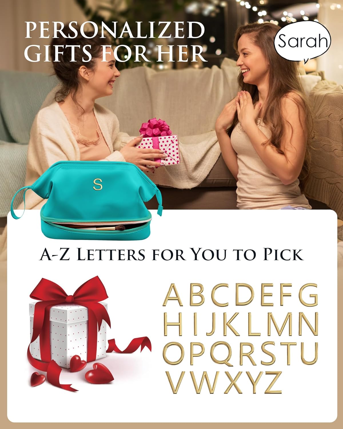 Holiday Gifts, Birthday Gift for Her, Makeup Bags, Waterproof Double Layer Cosmetic Bag, Large Capacity PU Leather Makeup Bags Letter Travel Toiletry Bag, Initial Gifts for Coworkers