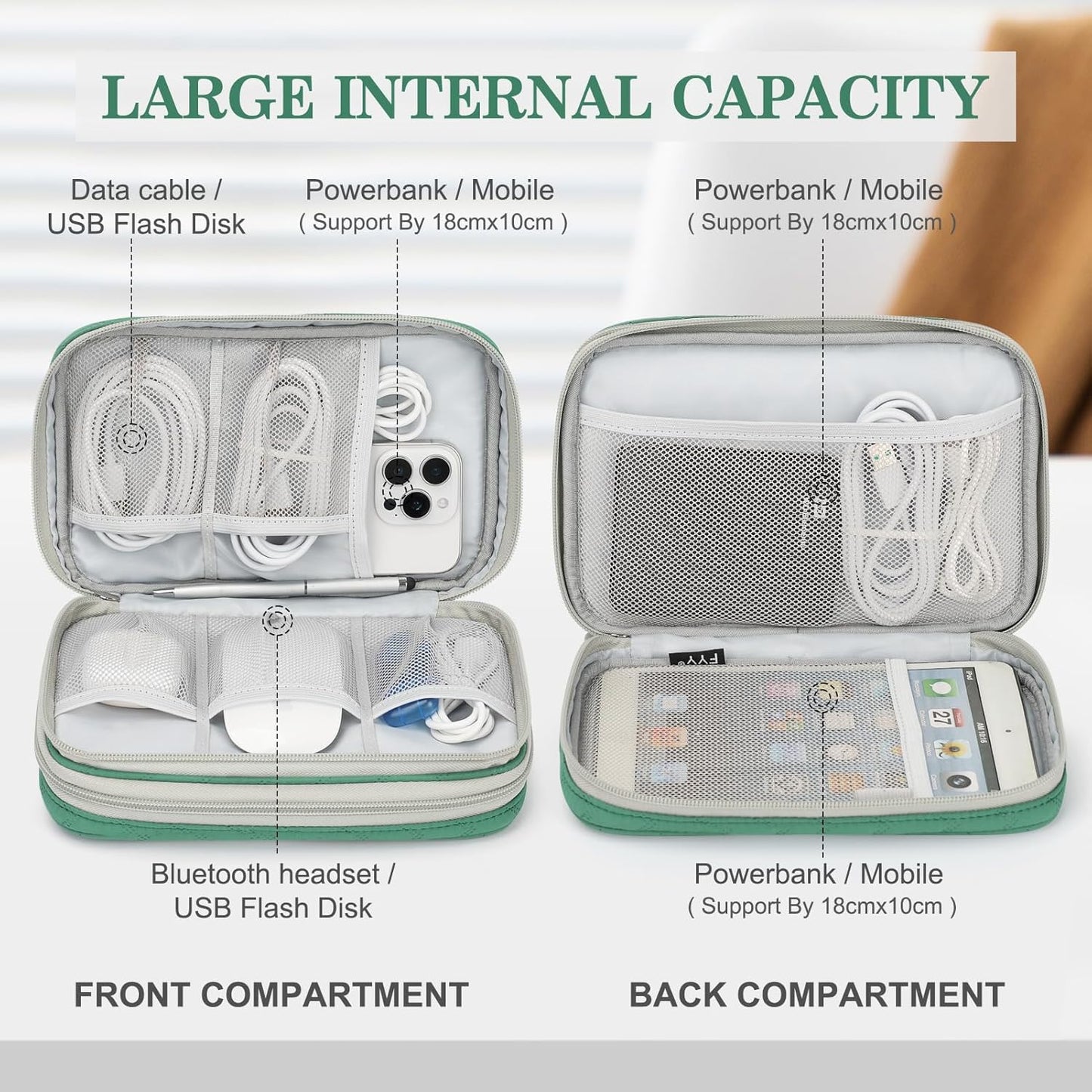 FYY Electronic Organizer, Large Travel Cable Organizer Bag Pouch Electronic Accessories Carry Case Portable Waterproof Double Layers All-in-One Storage Bag for Cable, Cord, Charger, Pattern Green