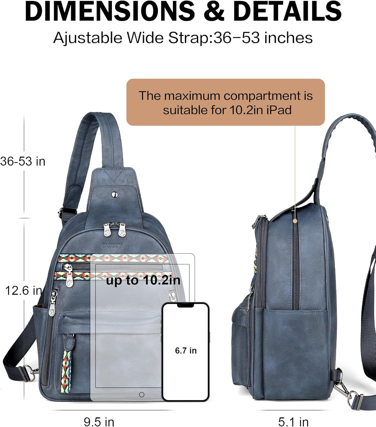 FADEON Large Sling Bag for Women, Leather Crossbody Purse Designer Anti Theft Sling Backpack, RFID Fanny Packs for Travel