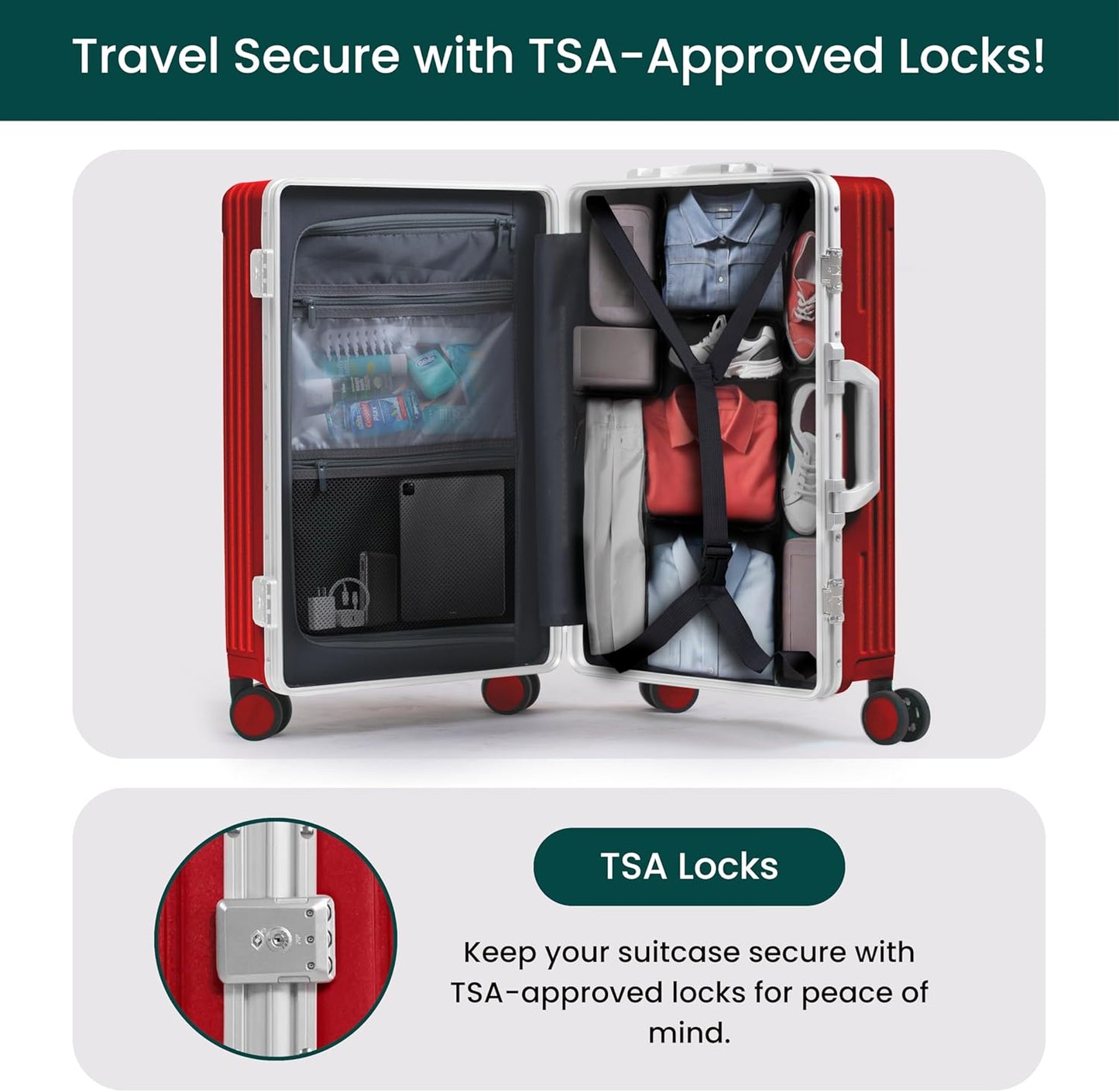 Nobl Travel Carry On Luggage, Noble Zipperless Aluminum Frame PC Hard Shell Suitcase, 22.5x15x9.5 Airline Approved, 360° Spinner Wheels, TSA Locks, USB Charging Port, Cup & Phone Holder - Red