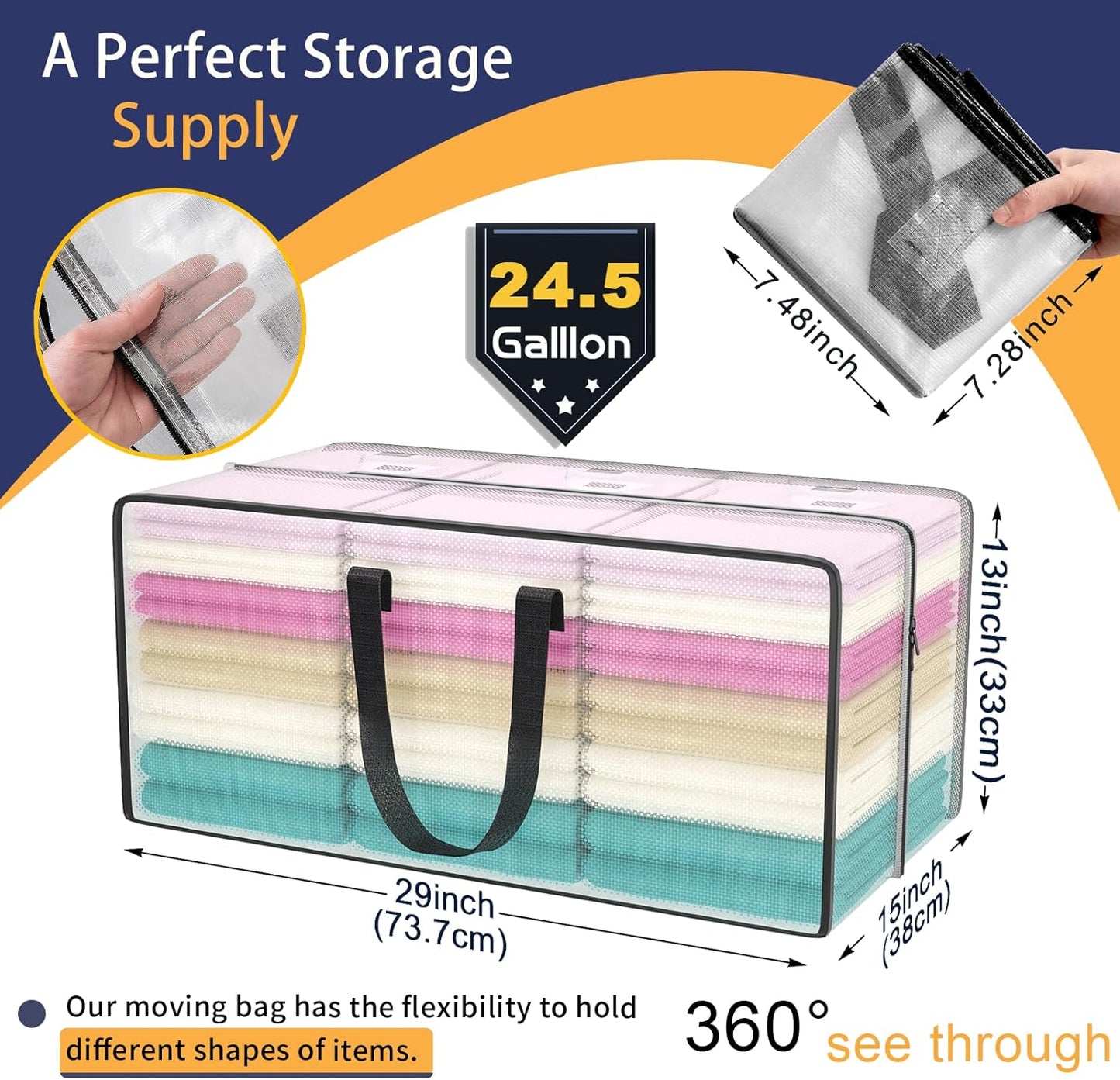 Clear Storage Bags with Zipper, 2 Pack Large Moving Bags Heavy Duty Extra Large, Plastic Storage Totes for Clothes, College dorm Packing Bag with Strong Handles