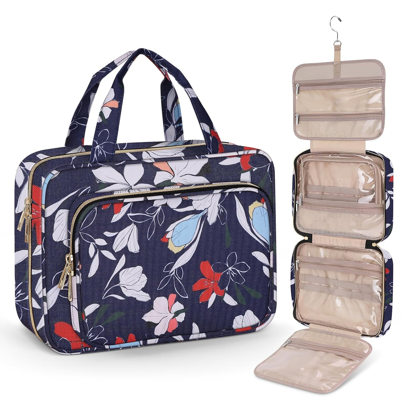 Wedama Toiletry Bag for Women, Large Cosmetic Travel Bag, Hanging Toiletry Bag for Bathroom, PVC Waterproof Makeup Bag, Toiletries Bag for Travel Business Trips and Camping, Blue+White Floral