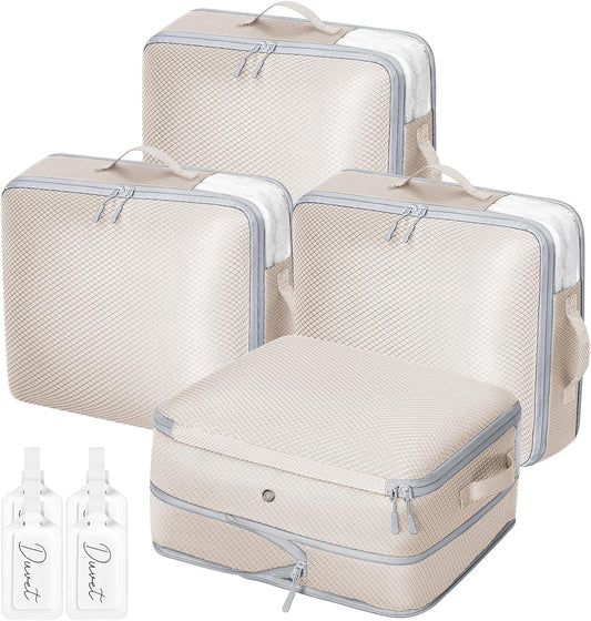 DIMJ Clothes Storage Bag 4 Pack, 19L Small Storage Bags for Sweater, Closet, Sheet Storage Organizer with Window, Compression Organizer Space Saver Storage Bags with Zipper, Beige