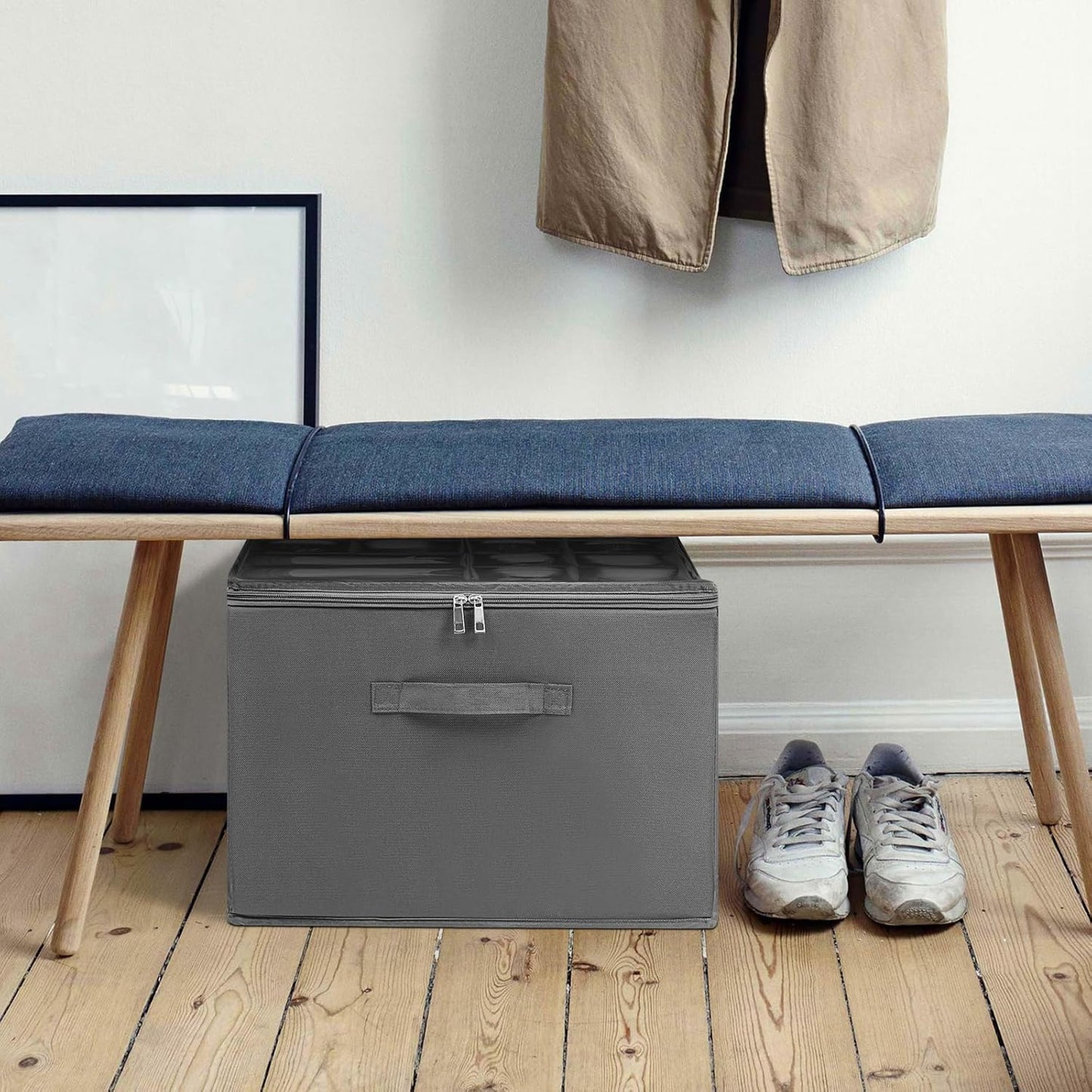 Shoe Organizer for Closet, Foldable Shoe Storage Bins with Clear Cover, Large Shoe Box Storage Container with Adjustabele Dividers, Fits up to 16 Pairs, Gray