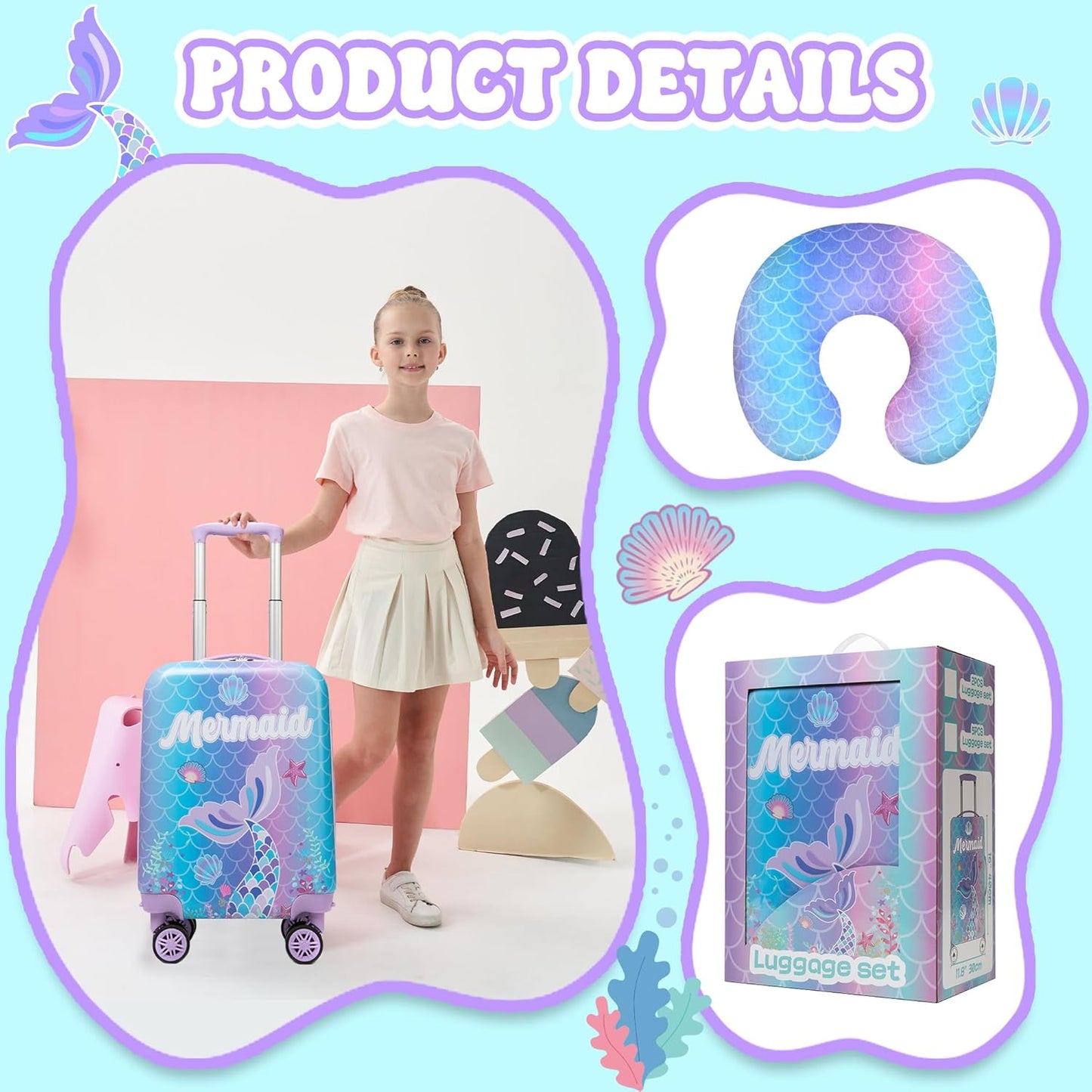 Cute Mermaid Kids Luggage Set 2 piece Kids Suitcase with Spinner Wheels 16" Childrens Luggage for Girls With Wheels Hard Shell Luggage Sets Airline Approved