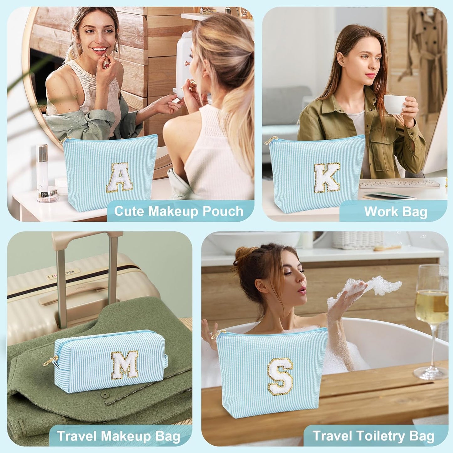 YOOLIFE Cute Makeup Bag for Girls Women - Cosmetic Bags for Teen Girl | Personalized Gifts for Women Her | Bridal Shower Gifts | Birthday Gifts for 3 4 5 6 7 8 9 10 11 12 13 Year Old Girls Initial A