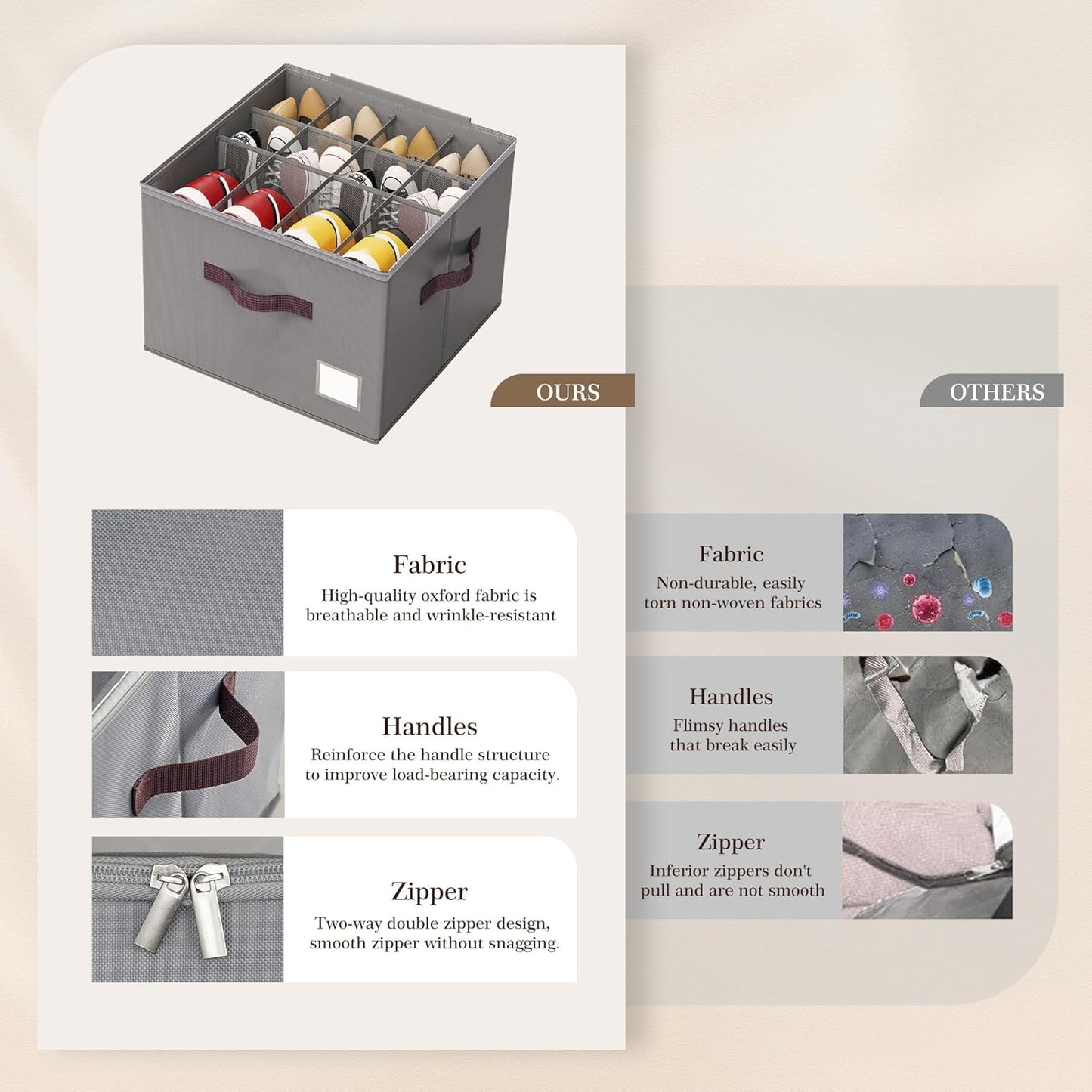 Criusia Shoe Organizer for Closet, 4 Pack Shoe Organizer with Transparent Cover and Sturdy Handles, Closet Shoe Storage for Sneakers Sandals Slippers, Fit 12-16 Pairs, Gray