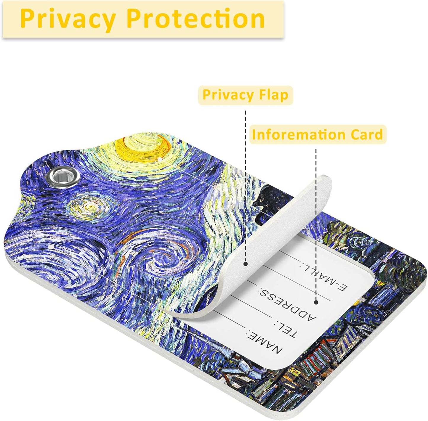 2 Pack The Starry Night Luggage Tags for Suitcases,Starry Night Van Gogh Leather Baggage Suitcases Tag Name ID Label Privacy Cover Travel Bag Tags for Women Men Boys Girls