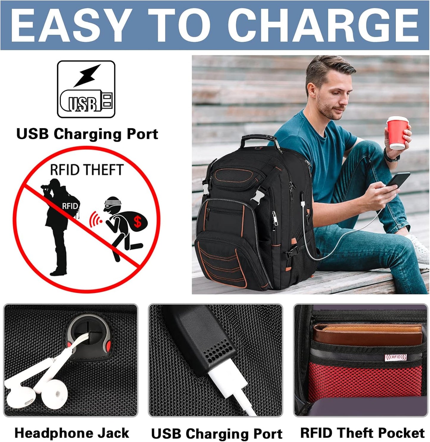 18.4 inch Laptop Backpack, Extra Large Travel Laptop Backpack with USB Charging Port, Big Capacity TSA Friendly RFID Anti Theft Pocket Heavy Duty Computer Bag for Men Women,21.2*15.5*11.5 inch Orange