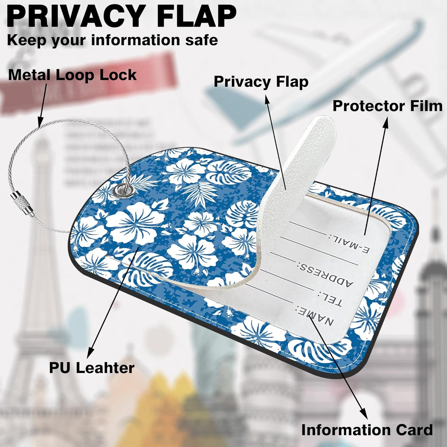 2 PCS Leather Luggage Tags for Suitcase Blue Hibiscus Travel Luggage Tag with Privacy Flap Name ID Label and Metal Loop for Travel Bag Suitcase