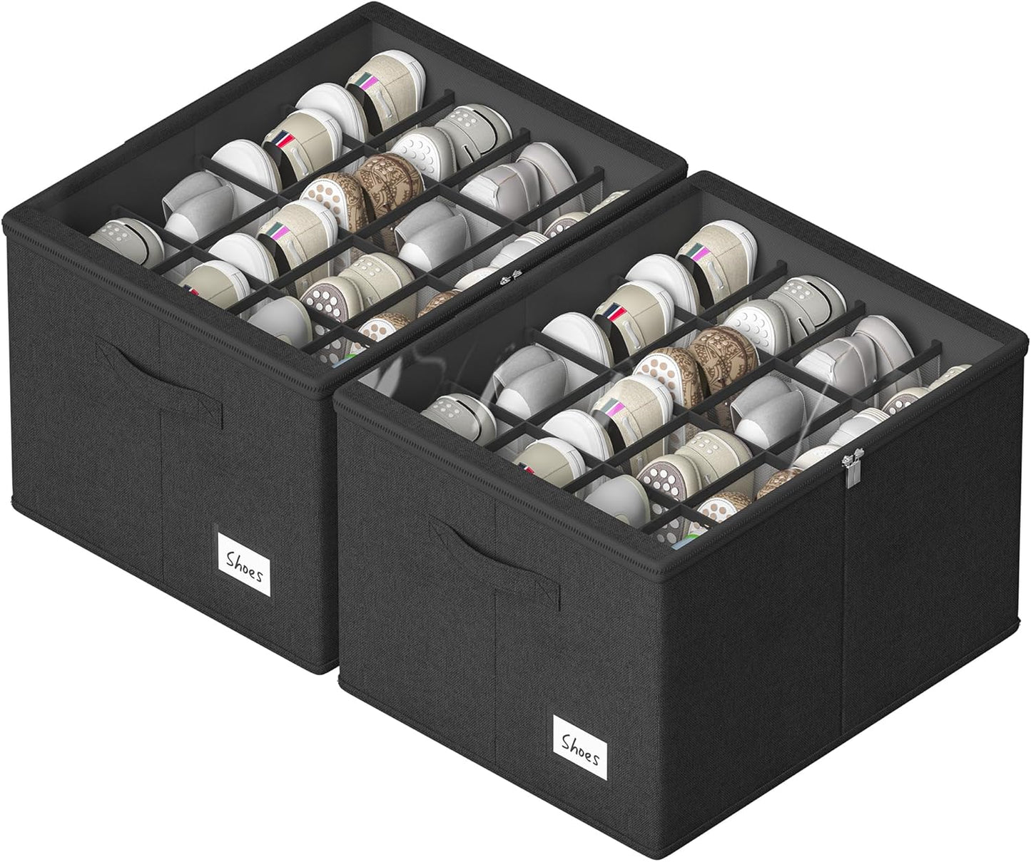 Shoe Organizer for Closet, 2 Pack Sturdy Shoe Storage Bins with Clear Cover, Fits 16-32 Pairs, Foldable Shoe Storage Box with Reinforced Handles (Black, 19.7 * 15.7 * 12.6in)