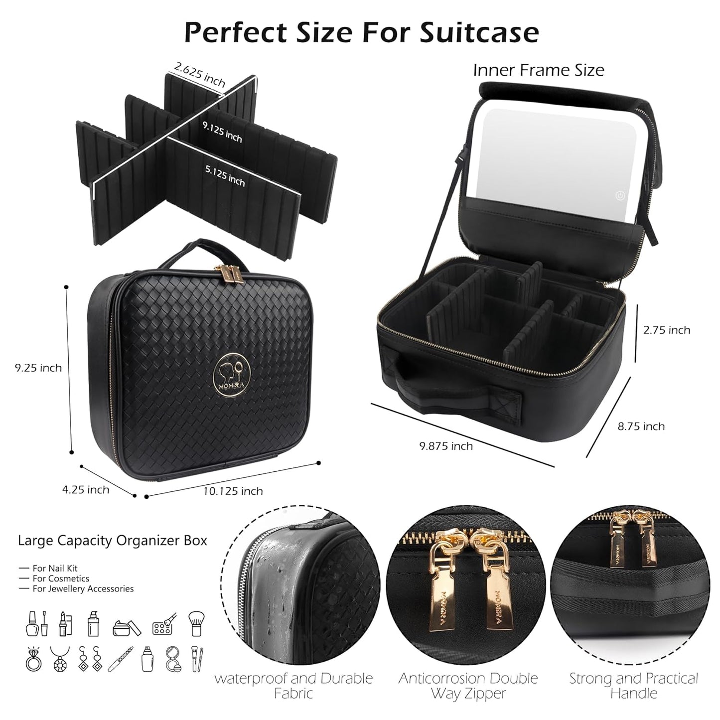 MOMIRA Travel Makeup Bag Cosmetic Bag Makeup Organizer Bag with Lighted Mirror, Adjustable Brightness in 3 Color Scenarios, Waterproof Makeup Train Case, Gift for Women - Woven black