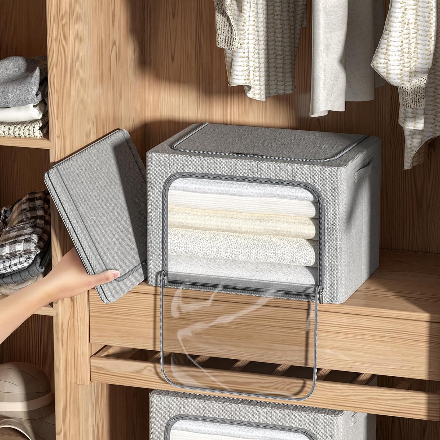 4 Pack Clothes Storage Bins with Metal Frame - Linen Fabric Foldable Stackable Container Organizer Set with Clear Window & Carry Handles & Zippers (Light Grey, 23.6"x16.5"x15.7")