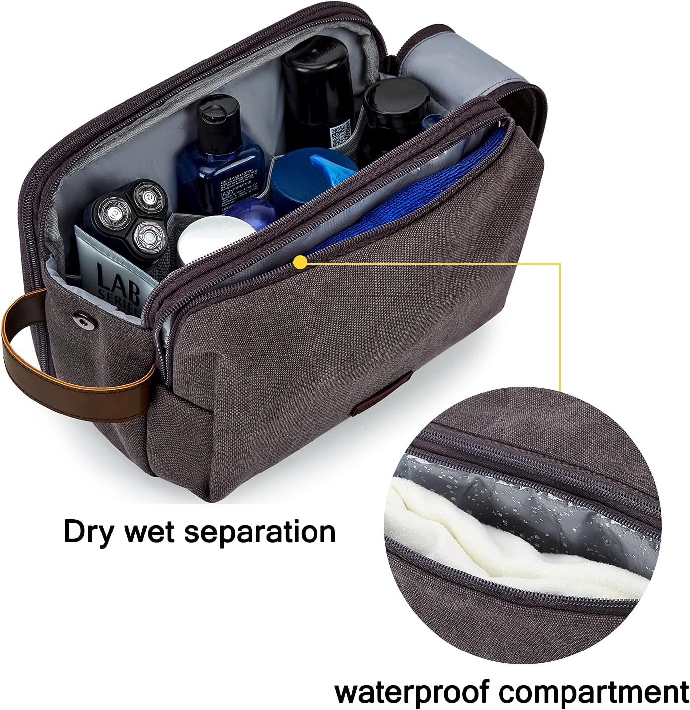 BAGSMART Toiletry Bag for Men, Canvas Travel Toiletry Organizer Dopp Kit Water-resistant Shaving Bag for Toiletries Accessories,Grey-Large