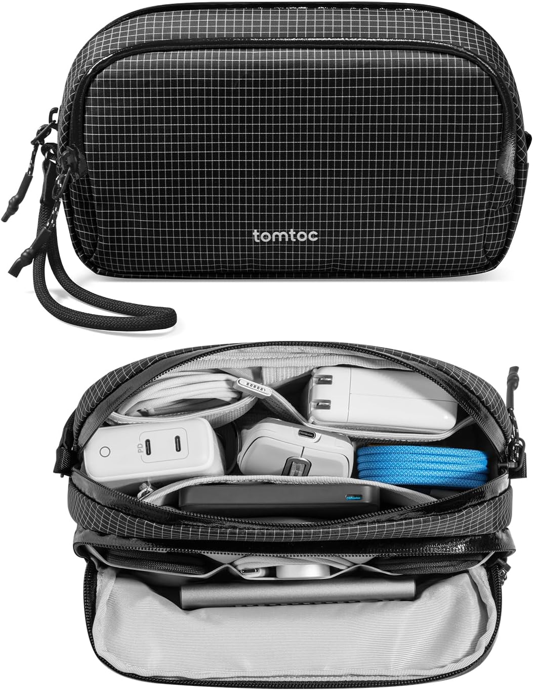 tomtoc Electronic Organizer Travel Case Performance, Water Resistant Dual Compartment Cable Organization Storage Bag for Charger, Cord, Phone, Hard Drive, Power Bank, Accessories Travel Essentials
