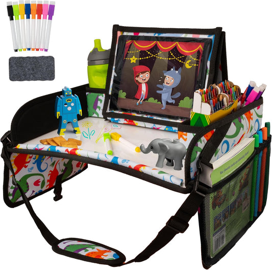 Lusso Gear Kids Travel Tray for Car Seat - Dinos, Oxford Cloth & Plastic - Dry-Erase Tablet Holder with Cup Holder & Storage - Road Trip Essentials & Plane Activity Tray
