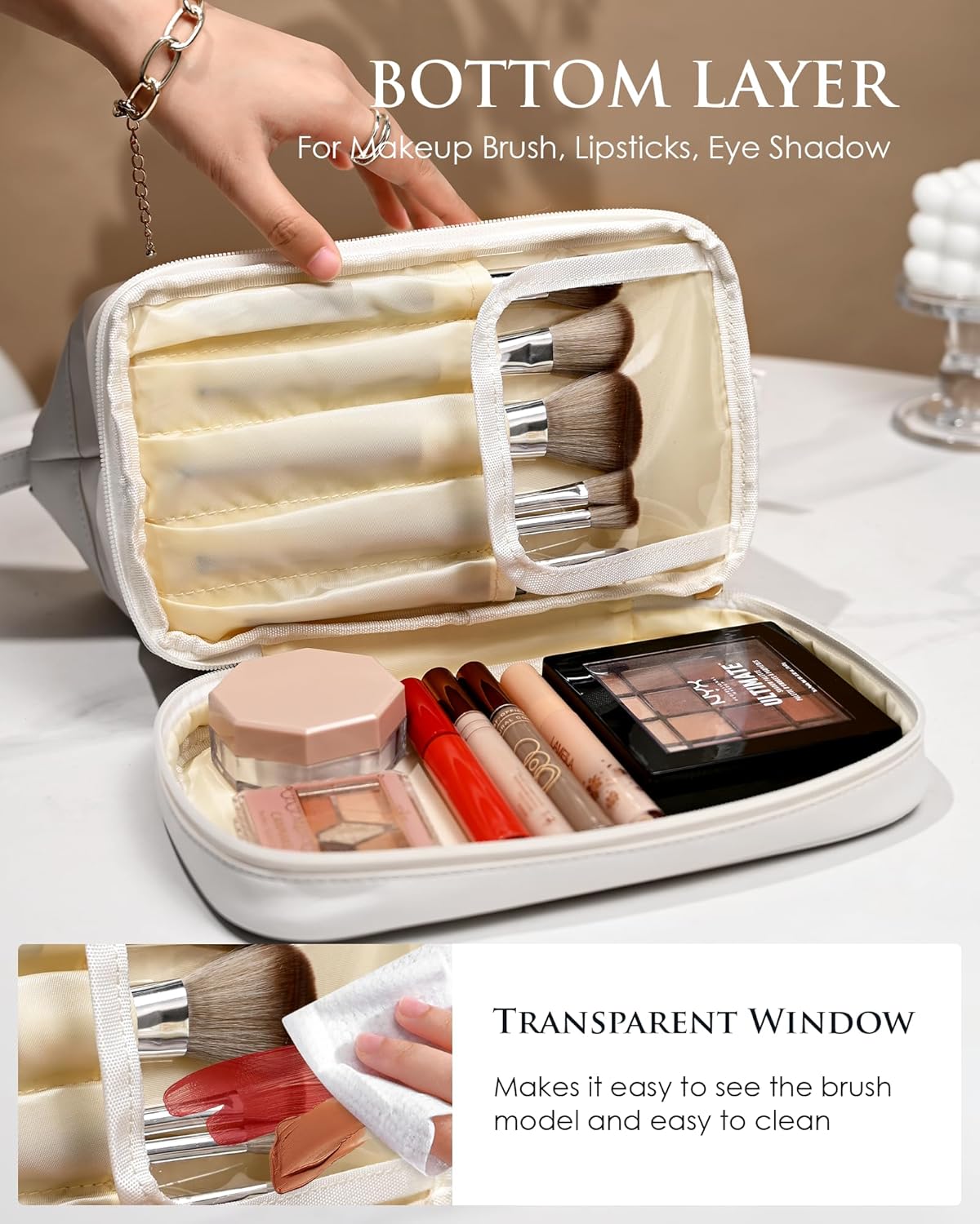 Bridesmaid Proposal Gifts, Initial Large Makeup Bag, Personalized Double Layer Cosmetic Bag with Makeup Brush Organizer, Waterproof, PU Leather Travel Toiletry Bag Graduation Gift