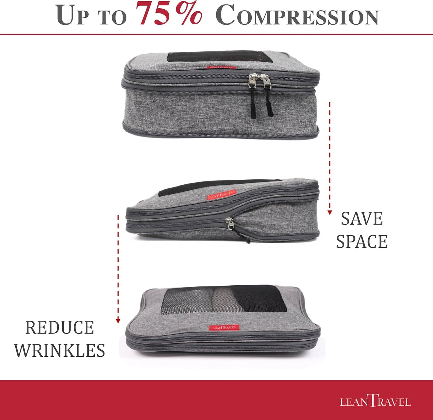 LeanTravel Compression Packing Cubes for Travel Organizers with Double Zipper (3-Pack (2L+1M), Grey)