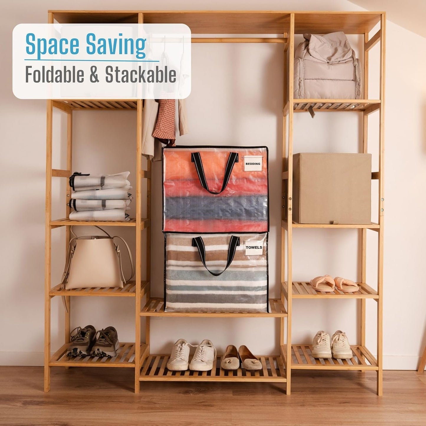 VENO 4 Pack Heavy Duty Moving Bags, Storage Bags, Packing Supplies, Top Zipper, Storage Totes for Camping, Clothes, Bedding, Comforters, Pillows (13 Gallon Clear, 4 Pack)