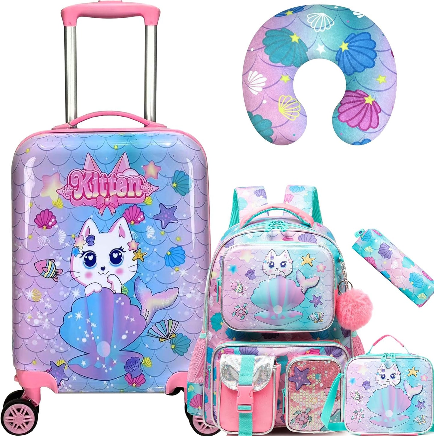 Cute Cat Kid’s Luggage Set 5 Piece Suitcase Set 16’’ Hardside Luggage with Spinner Wheels Girls Boys Carry on Toddler Luggage Travel Rolling Luggage Airline Approved