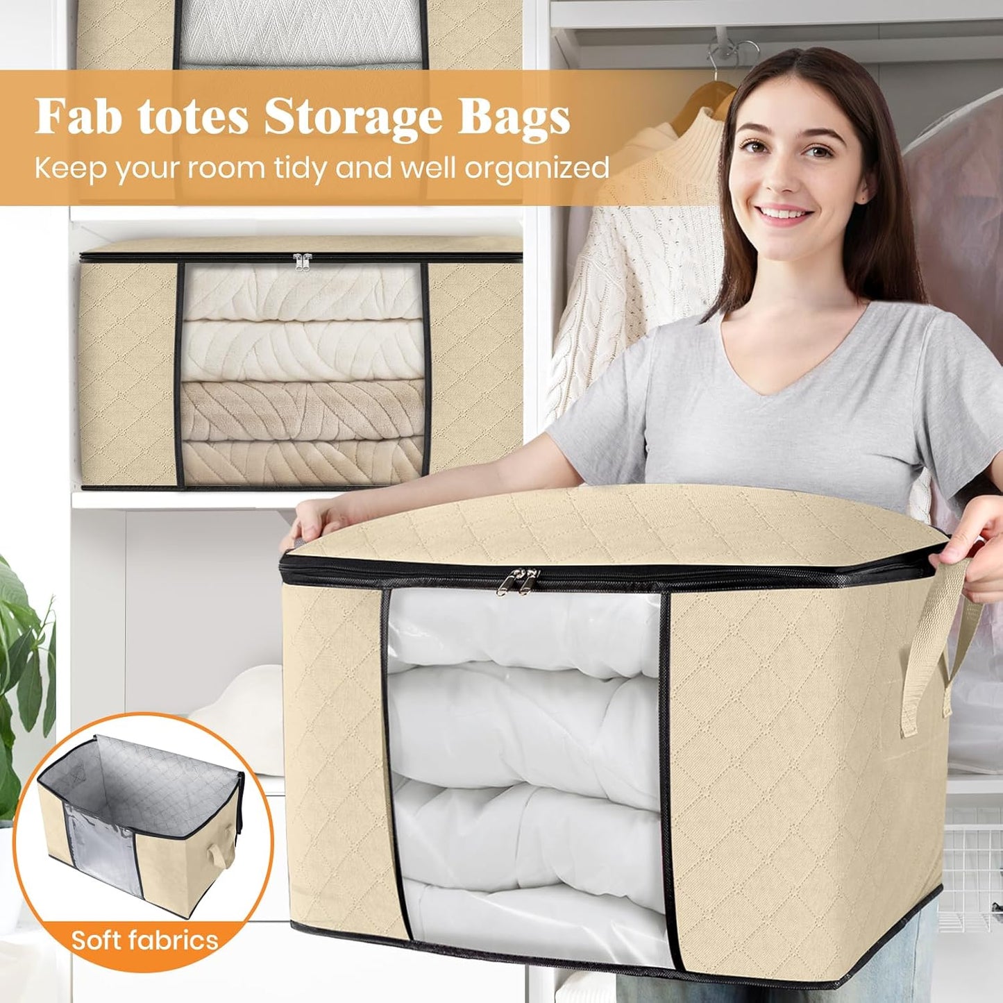 Fab totes 24 Gallons Clothes Storage, Foldable Thick Fabric Blanket Storage Bags, Containers for Organizing Bedroom, Closet, Clothing, Comforter, Organization with Handle (8 Pack,Beige)
