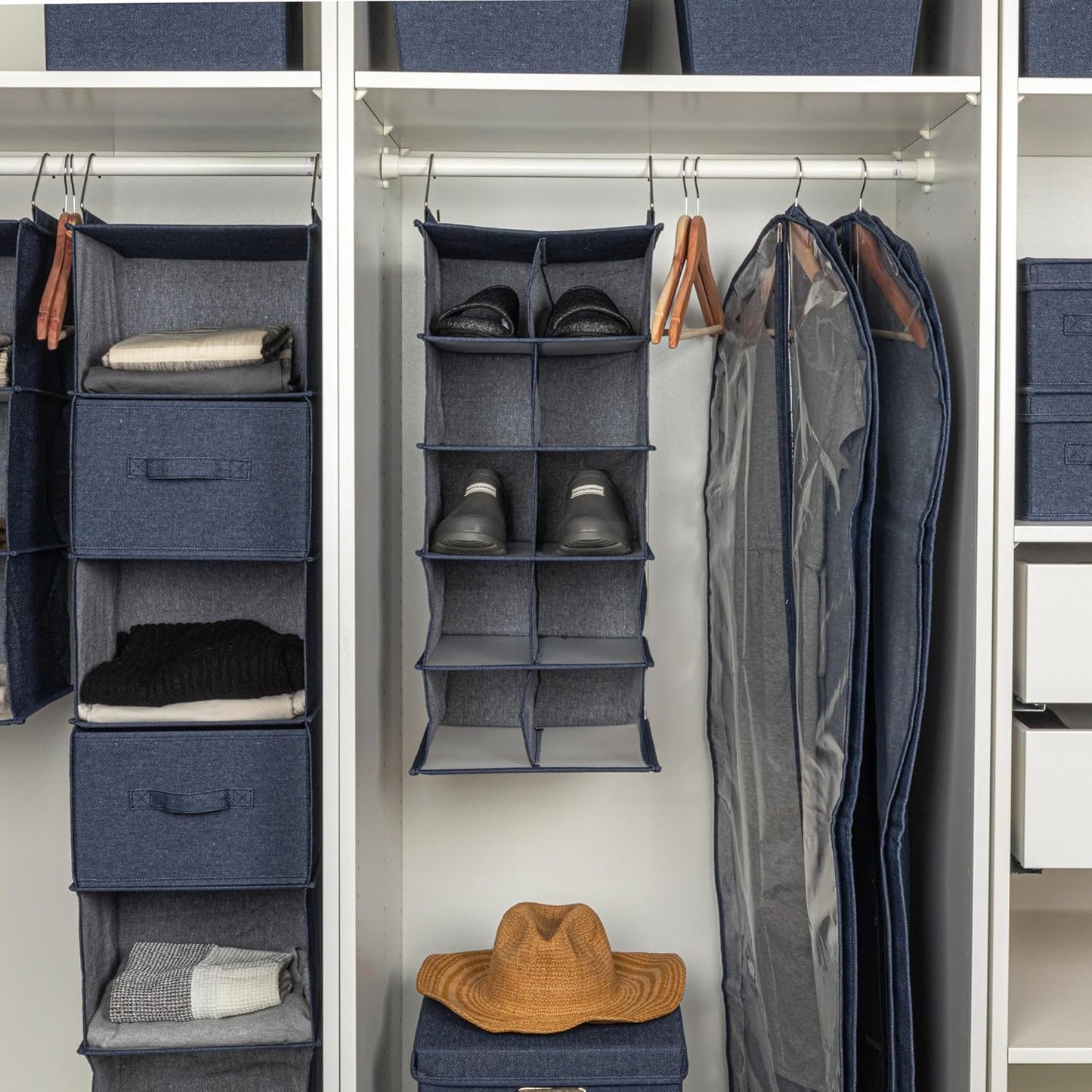 Household Essentials Hanging Cotton Blend and Plastic Closet Shoe Organizer with 10 Storage Compartments, Denim