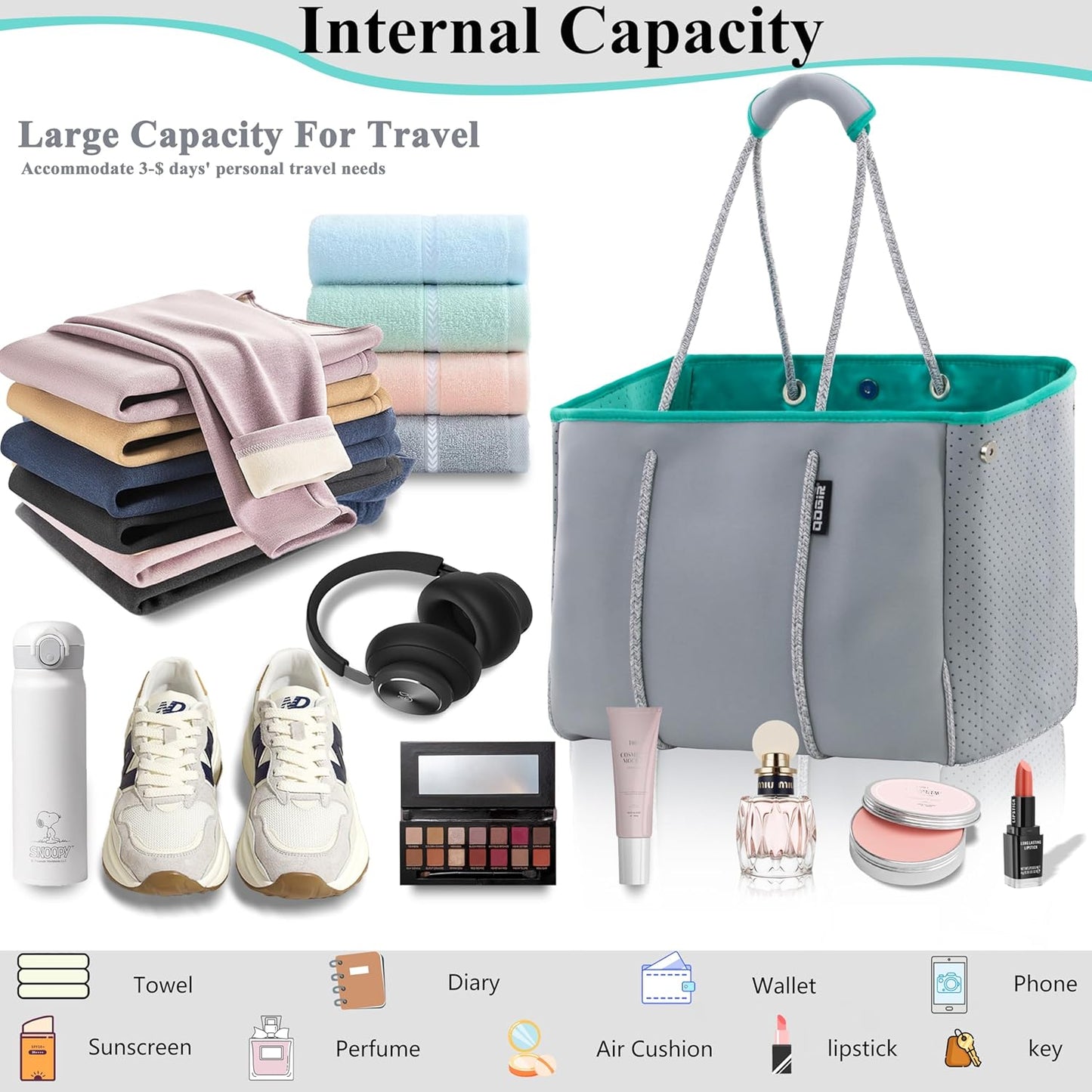 QOGiR Neoprene Multipurpose Beach Bag Tote with Inner Zipper Pocket … … … …