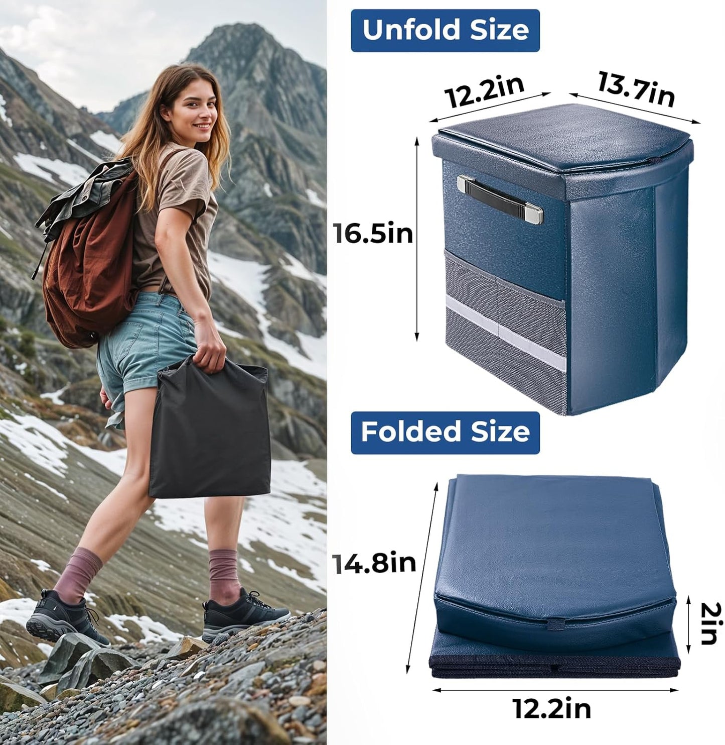 2025 Upgraded 16.5'' XL Portable Toilet for Adults,Tall Camping Toilet with Lid and Convenient Carry Bag, Portable Potty for Camping, Hiking, Car Travel,Truck, RV, Boating, Road Trips, Beach (Blue)