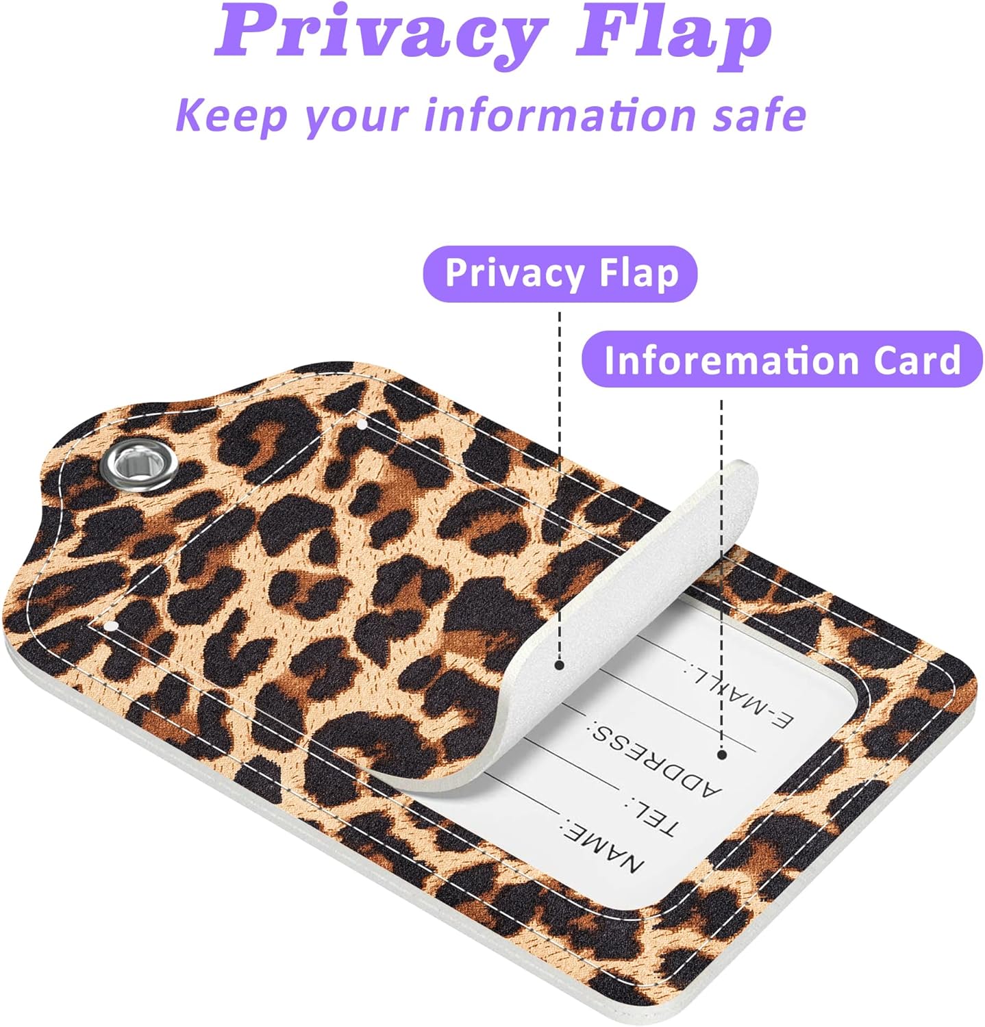 Set of 2 Luggage Tags Brown Leopard Texture Leather Suitcases Tag with Privacy Cover Stainless Steel Loop and Address Card for Women Men Travel