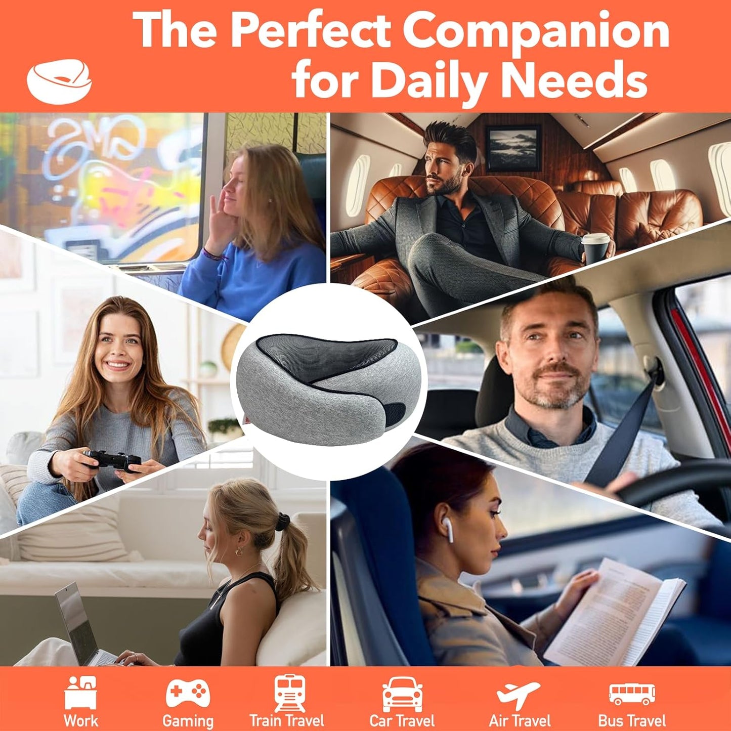 Travel Pillow | High-Density Memory Foam Pillow with 360° Surround Support. Ergonomically Designed. Ideal for Airplane Travel and Home Use.