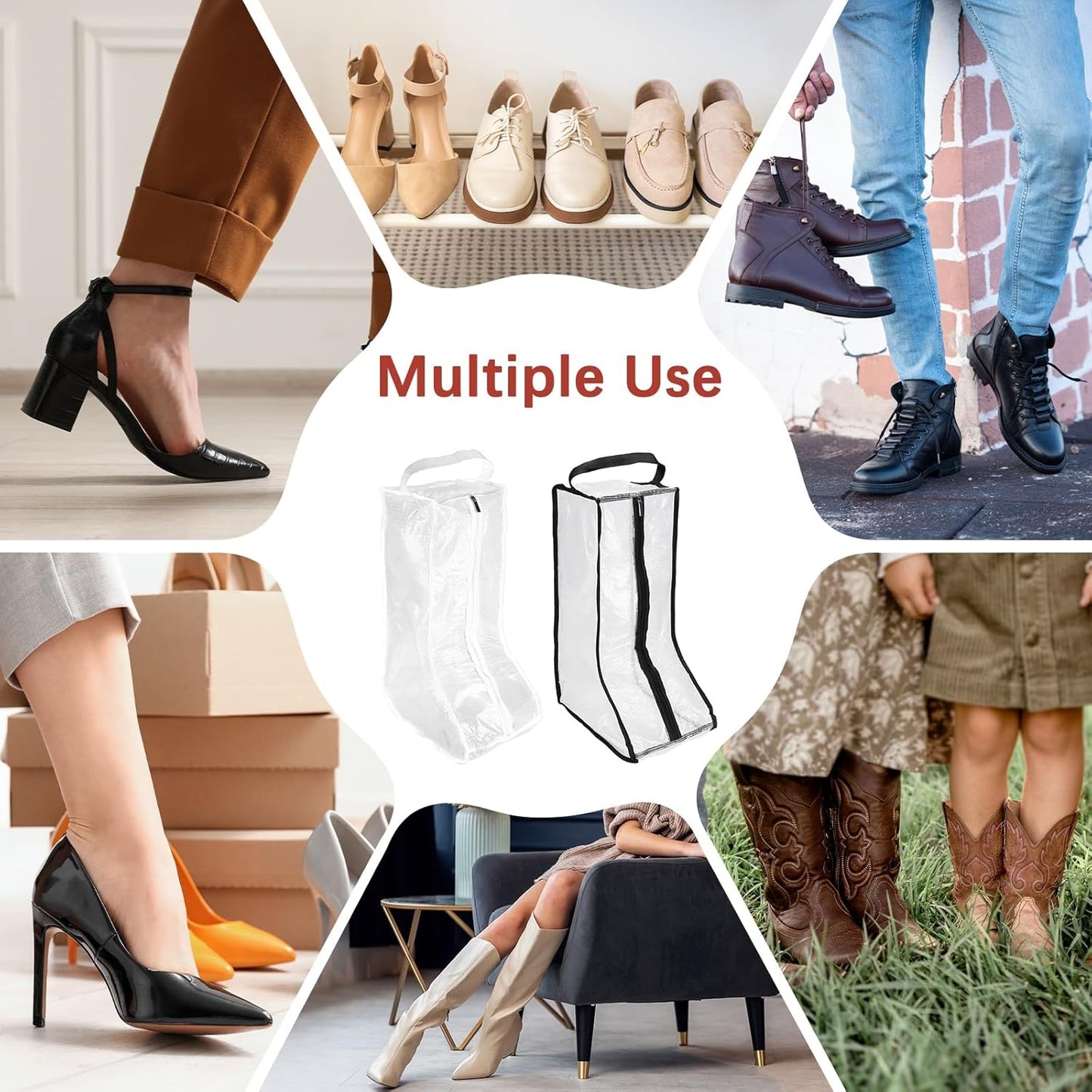 Boot Storage Bags [2PCS] - Plastic Tall Boot Carry Bags Clear Shoe Bags with Handle for Travel & Daily Use - [White, Black] Waterproof & DustProof Boot Bags for Cowboy Boots